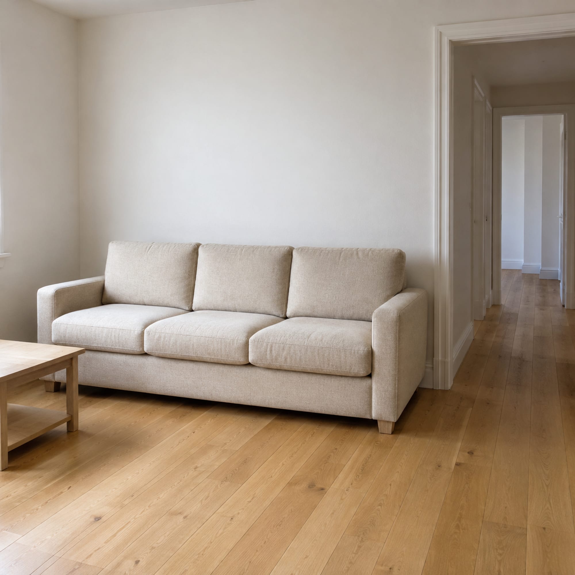 Three-seat oatmeal sofa on an oak floor with its end beside the opening to a hallway