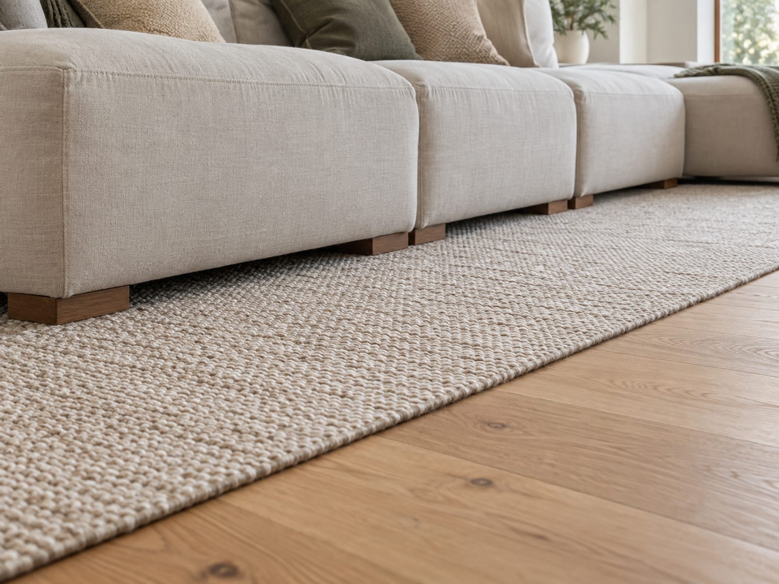 A low view at floor level taken at an angle along the front of a modular sofa standing on smooth oak floorboards, where a large flat-woven rug runs in beneath the front of every seat block so each front foot rests on the rug and the bare boards show only beyond the rug's edge, framed so the line of feet standing on the rug runs away across the picture