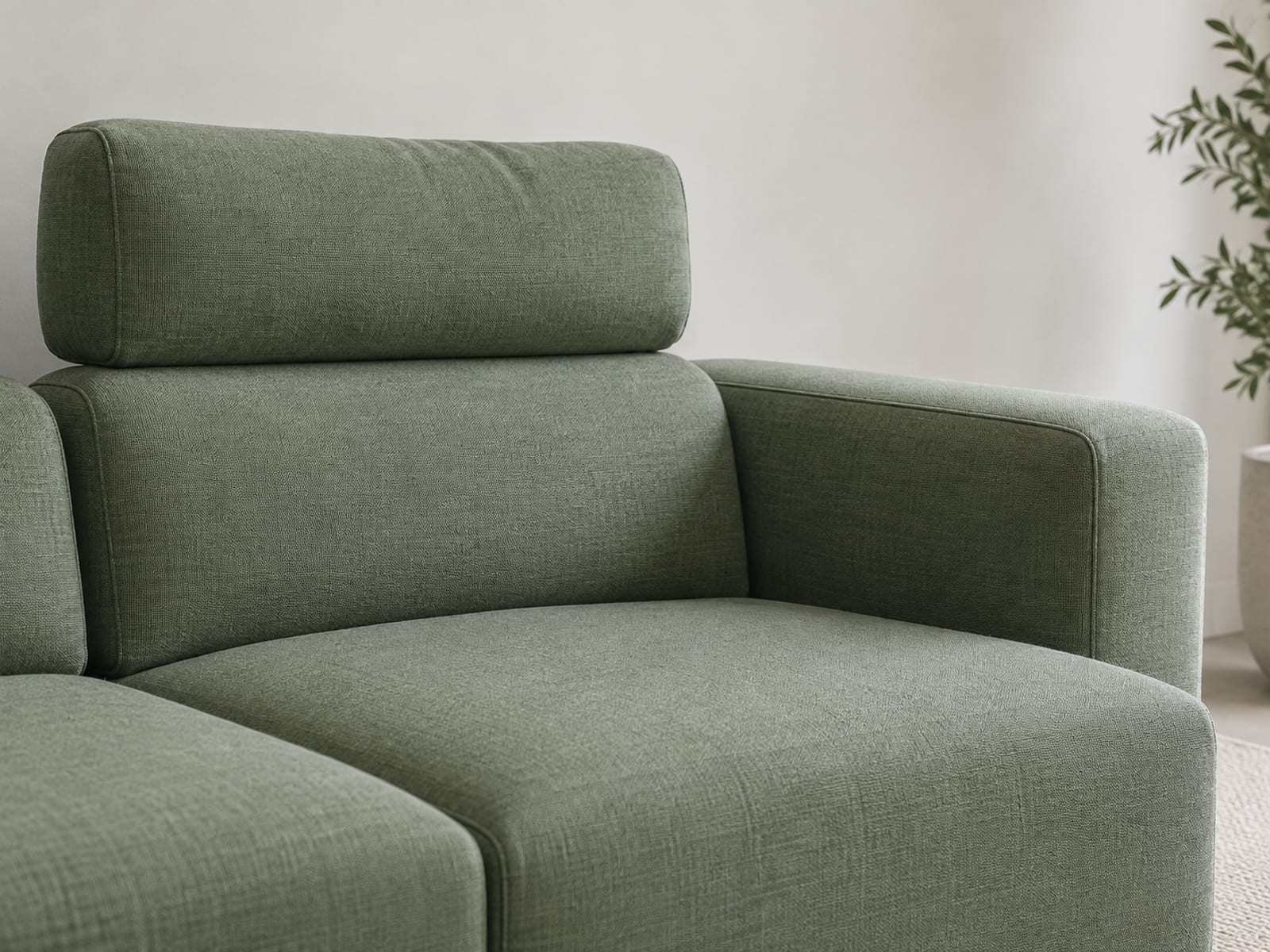 One seat of a modular sofa with its separate low back piece and a loose rectangular headrest cushion resting on top of that back, beside the separate upholstered arm piece, photographed from a side three-quarter angle at seat height so the low back, the added headrest above it and the arm beside the seat read as three distinct parts