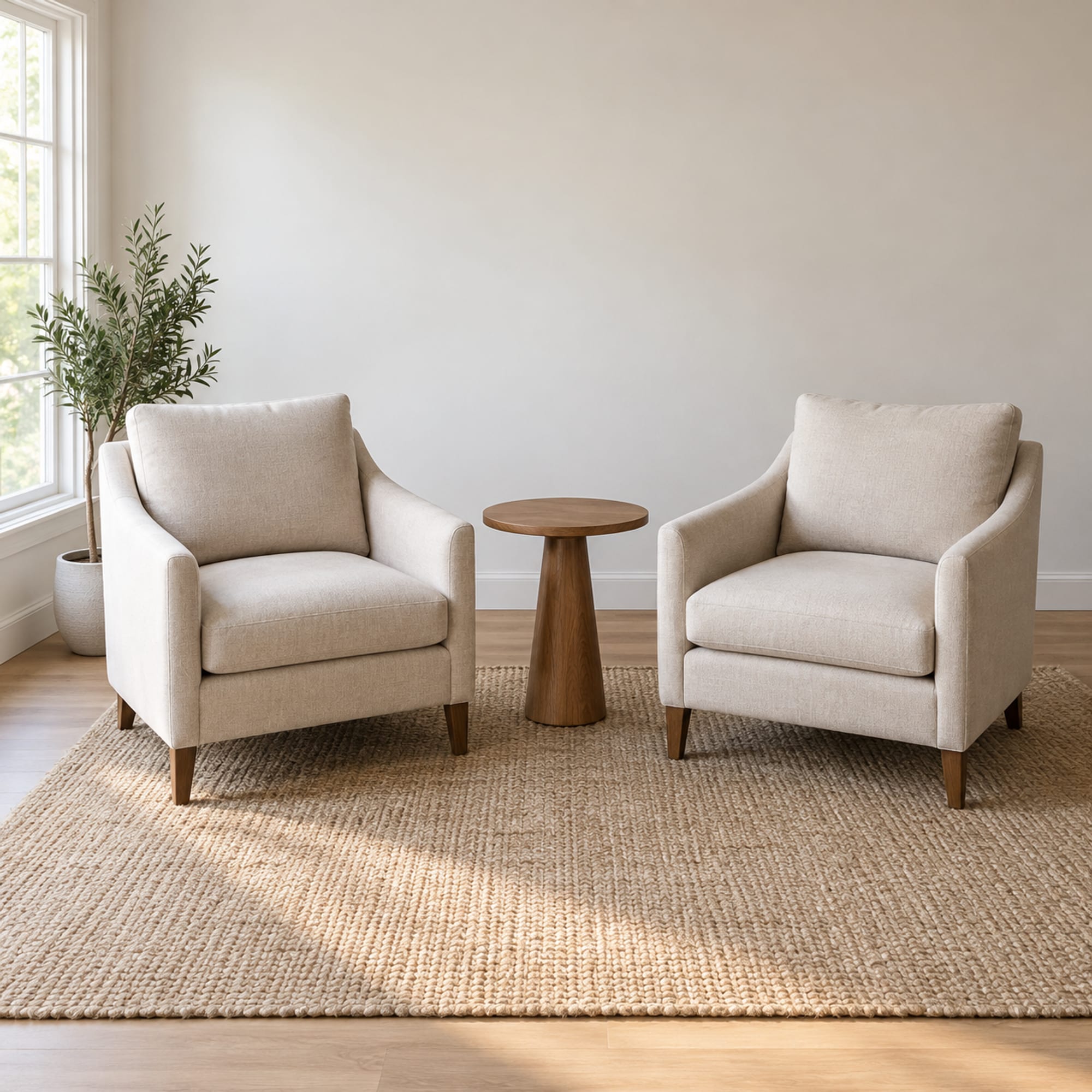 A small daylit living room seated without any sofa, a pair of matching upholstered armchairs angled slightly toward each other with a small round side table between them on a flat-woven rug, photographed from standing height at a gentle downward angle from across the room