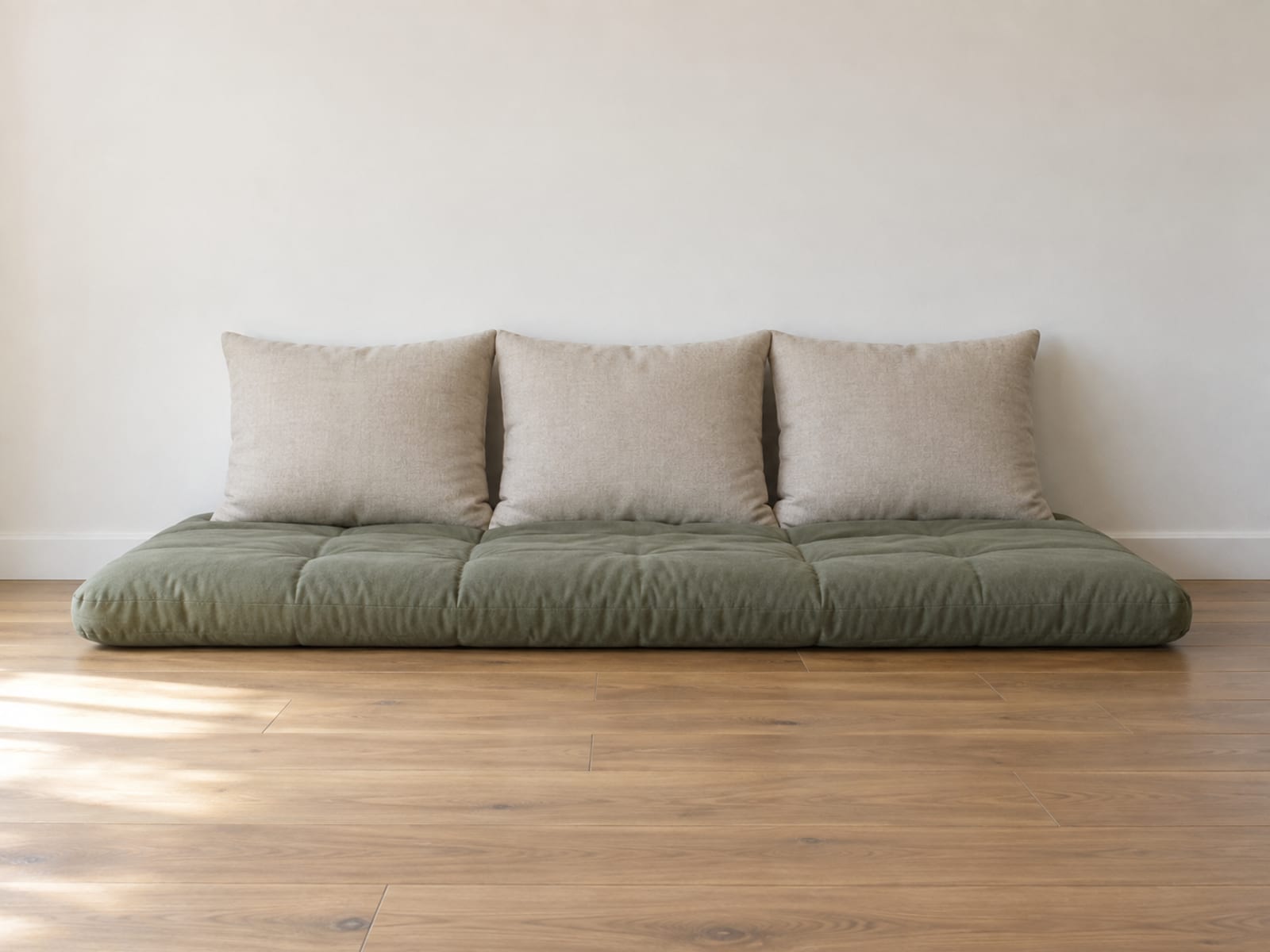 A long low padded floor lounger lying flat on bare oak floorboards against a plain wall with three large square floor cushions set along its back as a backrest, photographed square on from the front at a low height