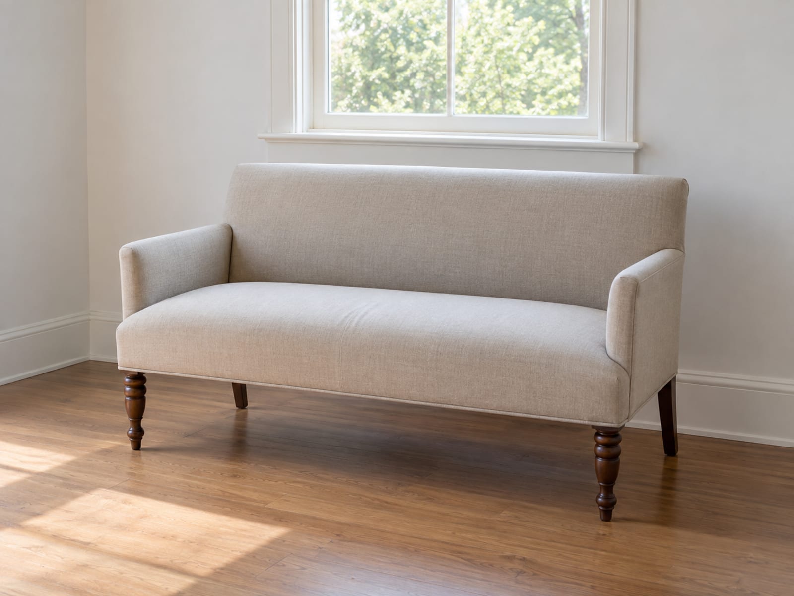 A slim upholstered two-seat settee on turned wooden legs with a low straight back and short arms standing against a plain wall beneath a window in a small daylit room, photographed from standing height at a front three-quarter angle