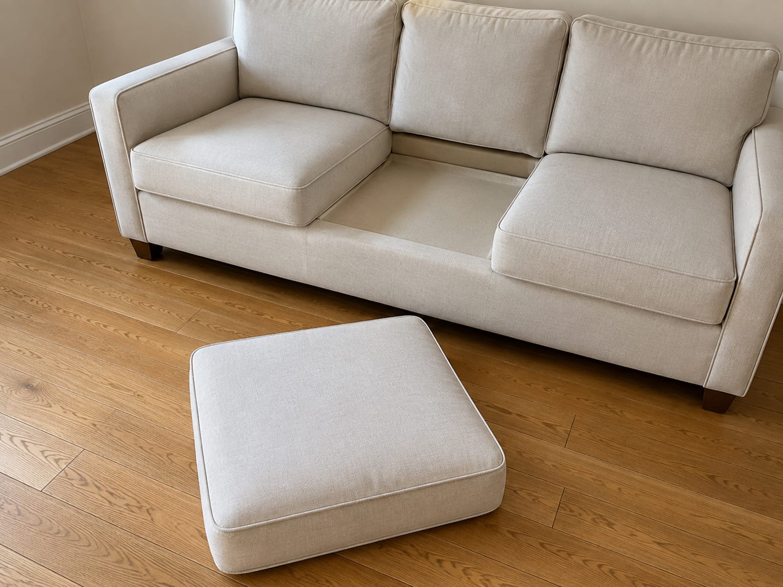 One seat cushion lifted out and laid flat on floorboards in front of a sofa, the empty deck it came from open to view behind it