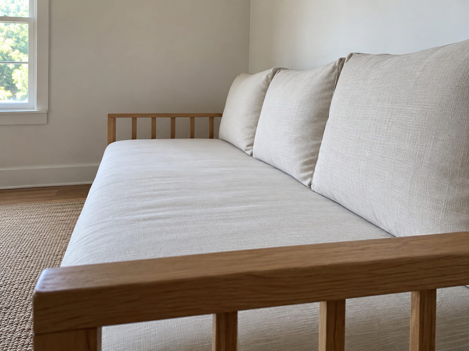 A daybed seen from its end rail at seat height, looking along the length of its mattress with a row of plain firm rectangular back cushions standing against the back rail, the band of mattress left in front of the cushions reading as the actual seat