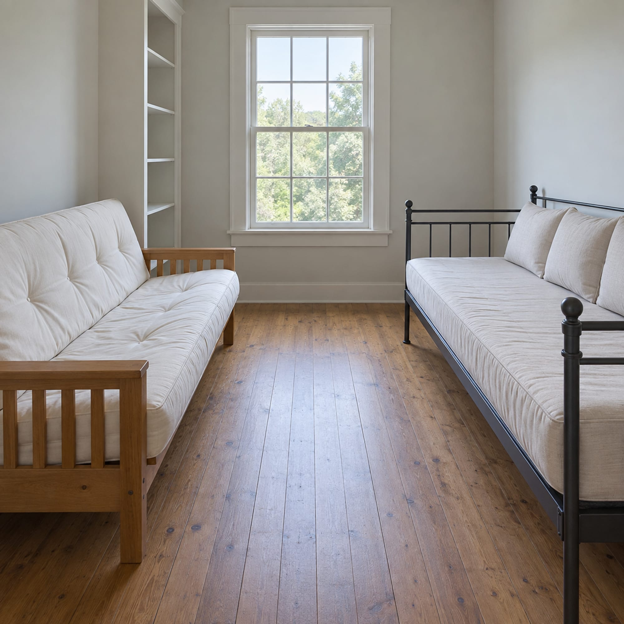 A narrow daylit study with a plain wooden futon in its seating position along one long wall and a plain metal daybed along the opposite long wall, the two facing each other across a clear aisle of bare floorboards, photographed from the short end at standing height