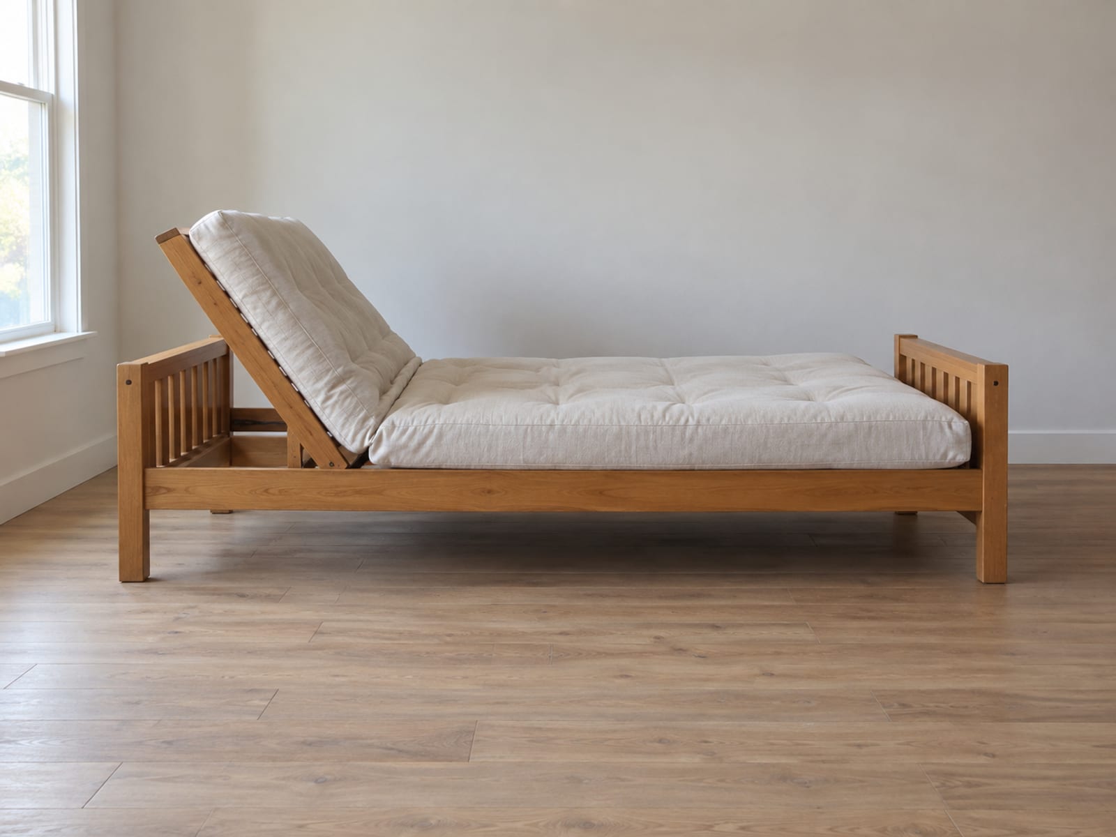 A plain wooden futon caught partway between its sofa and bed positions, the back section tilted halfway down toward flat and the mattress bending softly over the hinge line, standing in an empty daylit room, photographed square on from the side at standing height