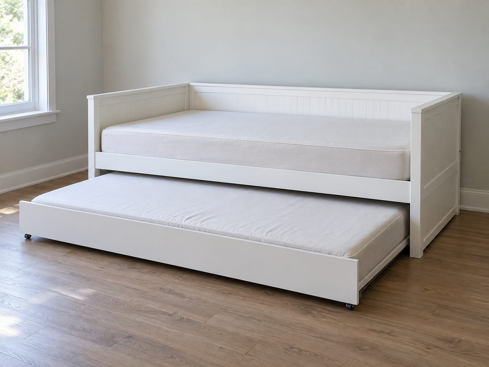 A plain white-painted wooden daybed with its roll-out trundle drawn fully out from beneath it on low castors, the trundle's bare mattress lying well below the daybed's mattress so the two sleeping surfaces read as two separate levels, photographed at a front three-quarter angle