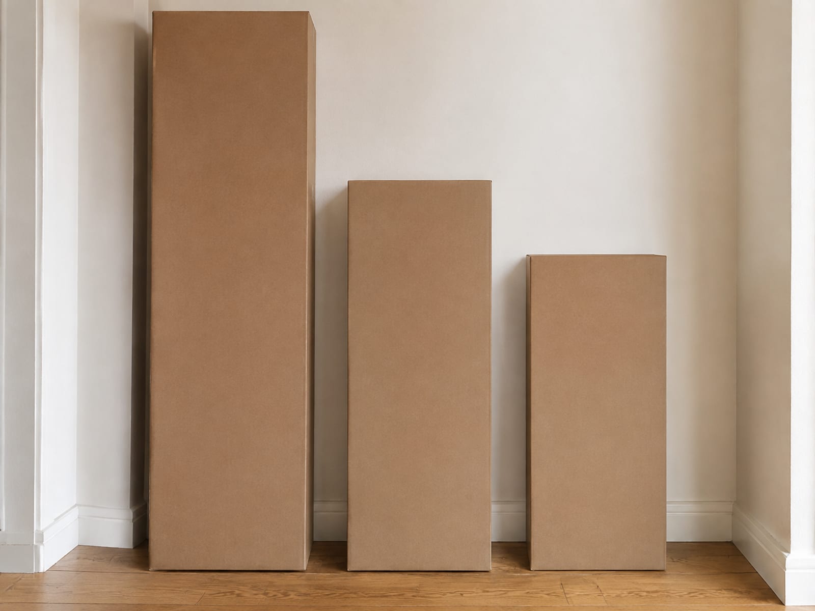 Three plain unmarked flat cartons of different lengths standing on their long edges against the wall of a narrow hallway, seen straight on with bare floorboards beneath