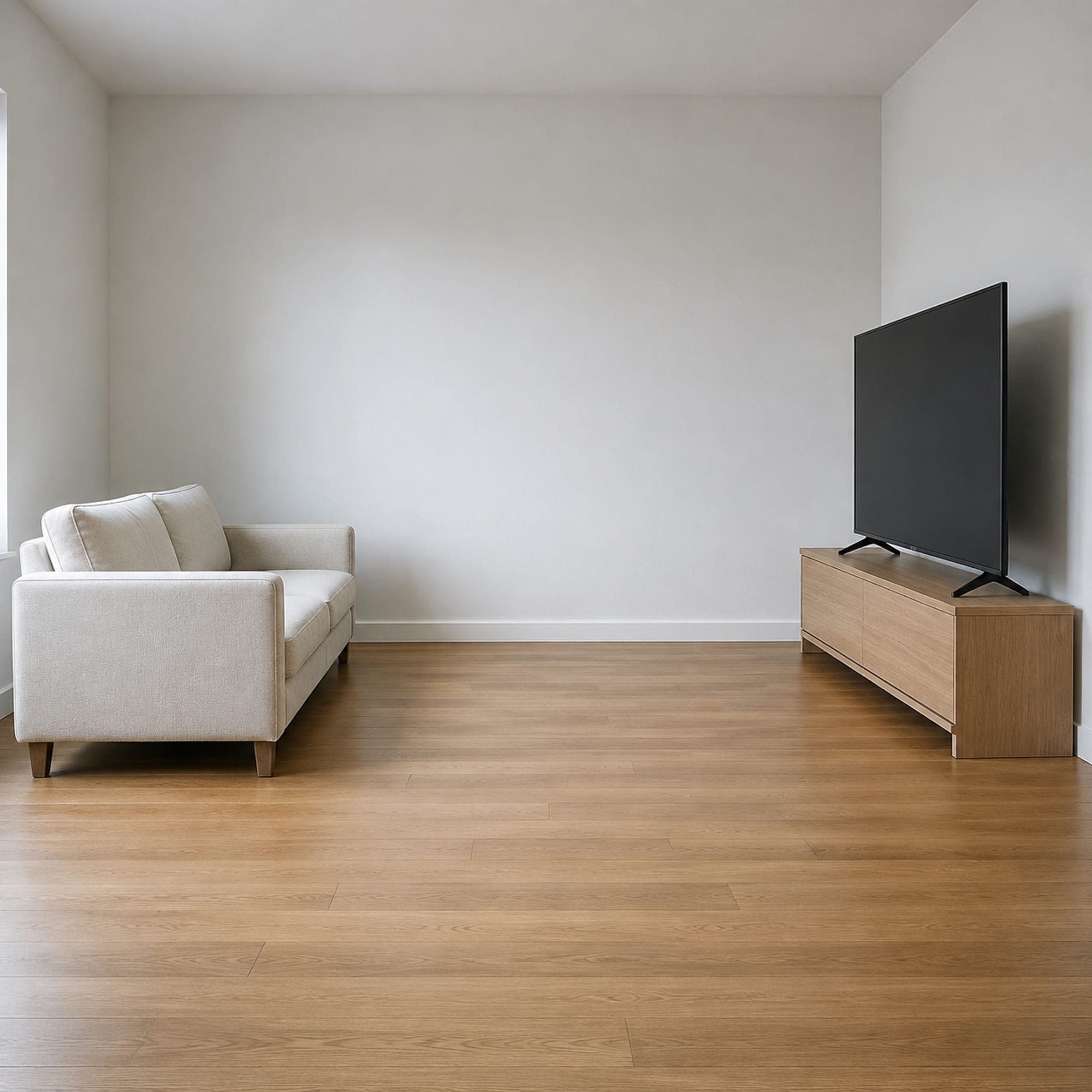 A pale three-seat sofa and a large flat-panel television on a low console facing each other in profile across a bare room, the switched-off screen dark and empty