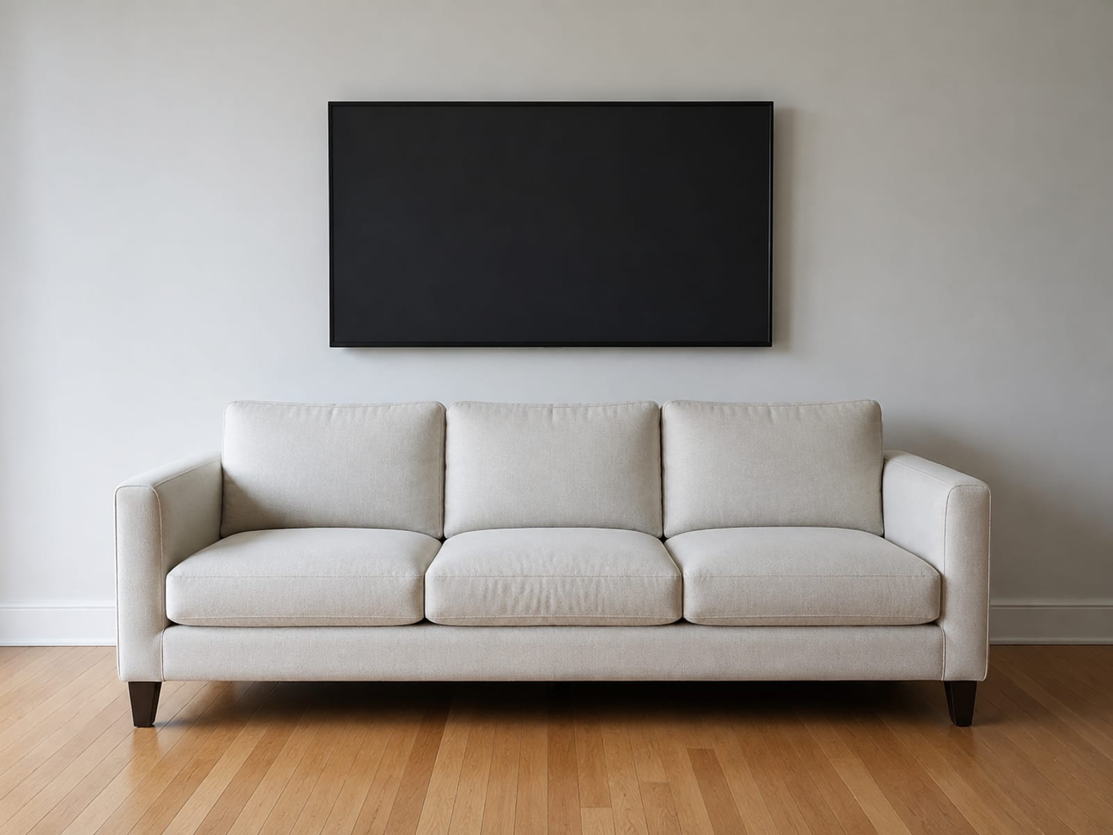 A pale sofa against a wall with a flat-panel television mounted above and behind it, the seat height and the center of the dark screen read against the same wall
