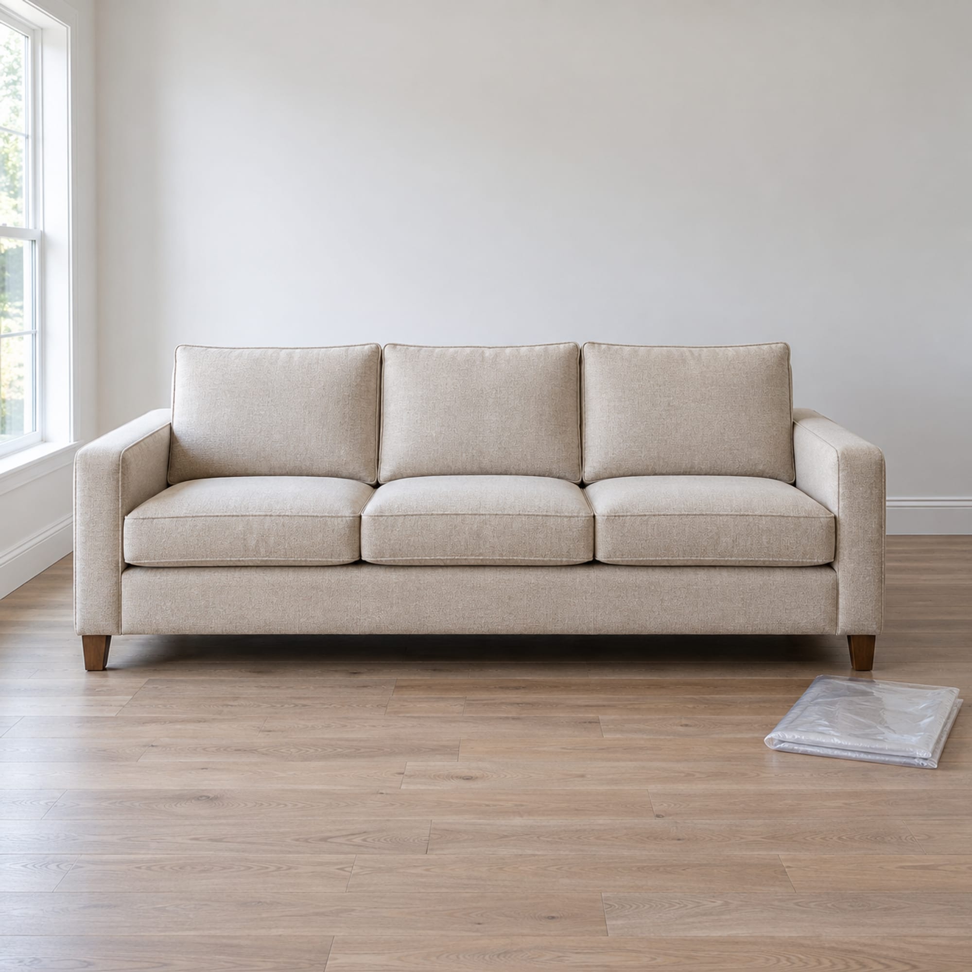 A brand-new three-seat sofa just unwrapped in a plain daylit living room, its cushions crisp and square-edged, with the clear plastic wrapping it arrived in folded neatly into a flat square on the bare floorboards beside one arm