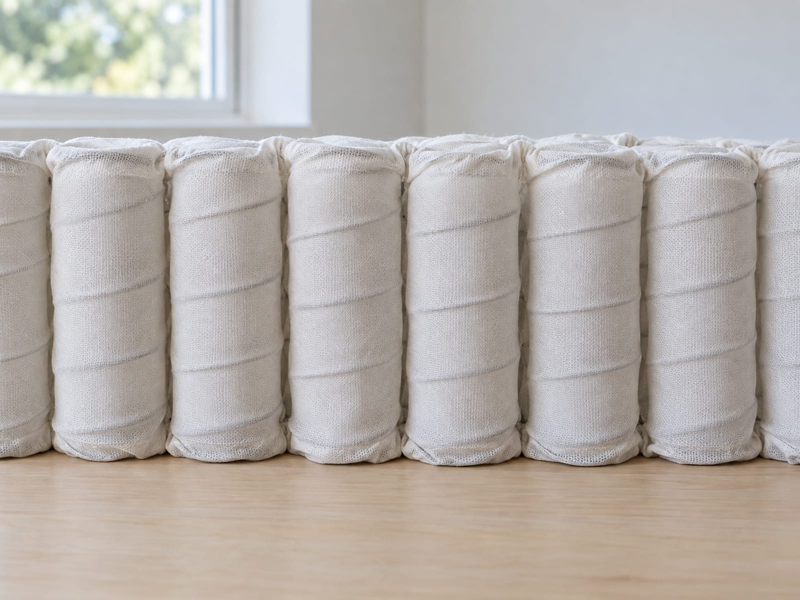 A bare pocket-coil cushion core with its cover and wrap removed, lying on a plain pale wooden table and photographed square on from the side at table height, the row of individual fabric-wrapped coils standing as a line of soft upright columns