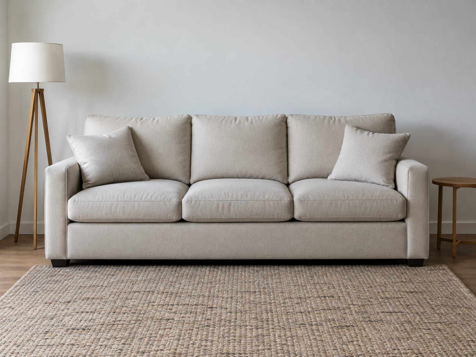 The same kind of three-seat sofa now settled into a modestly furnished living room with a flat-woven rug, a plain floor lamp and a small side table, its cushions showing a soft natural crease and slightly rounder profile than new while remaining full and even