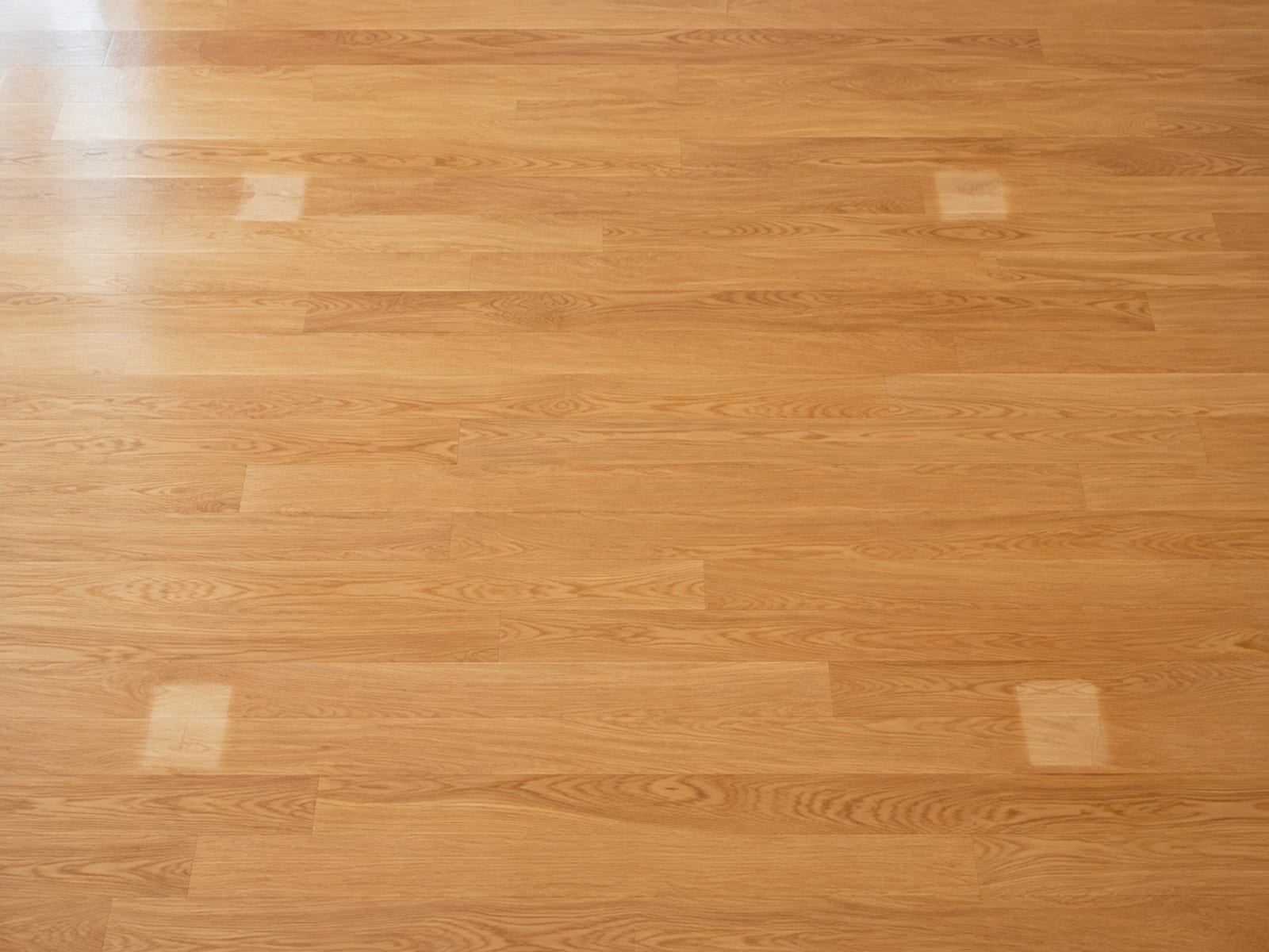 An empty room photographed down at the floorboards, four small unfaded pale rectangles sitting in the pattern of a sofa's feet