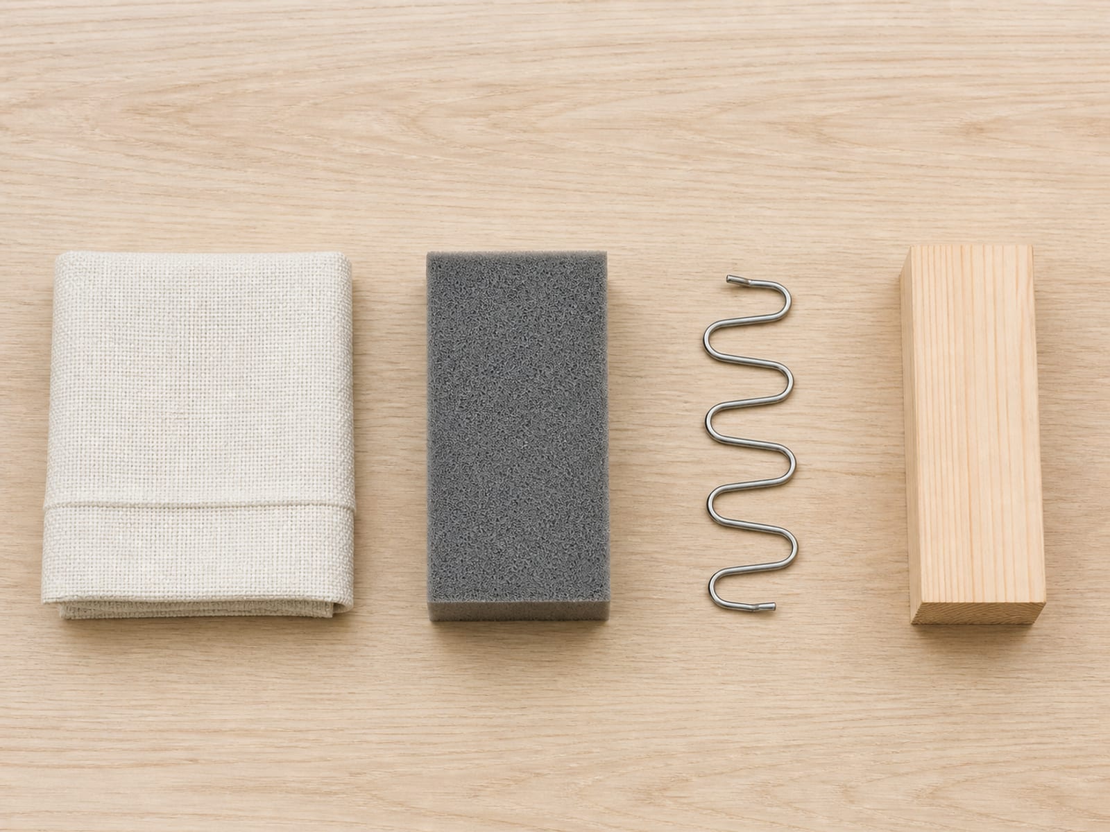 Four pieces laid in a row on a table: a folded square of woven upholstery fabric, a gray foam block, a length of S-curved steel spring and an offcut of frame timber