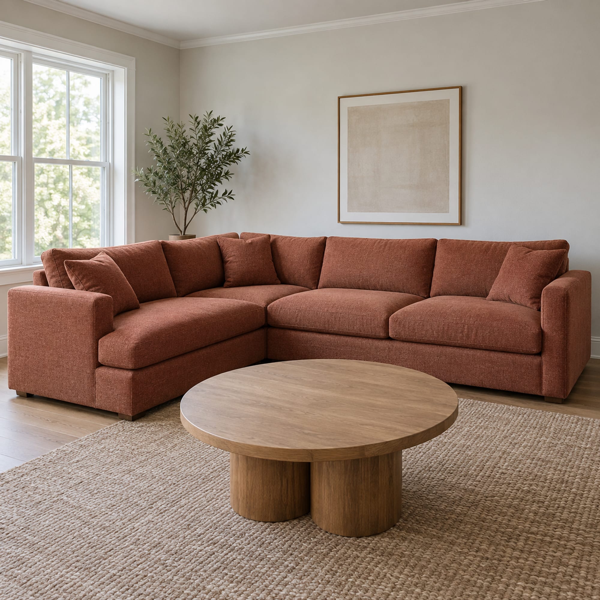A four-seat L-shaped sectional in a deep terracotta woven fabric in a modestly furnished daylit living room, photographed from a low front three-quarter angle just above seat height across a round wooden coffee table in the near foreground