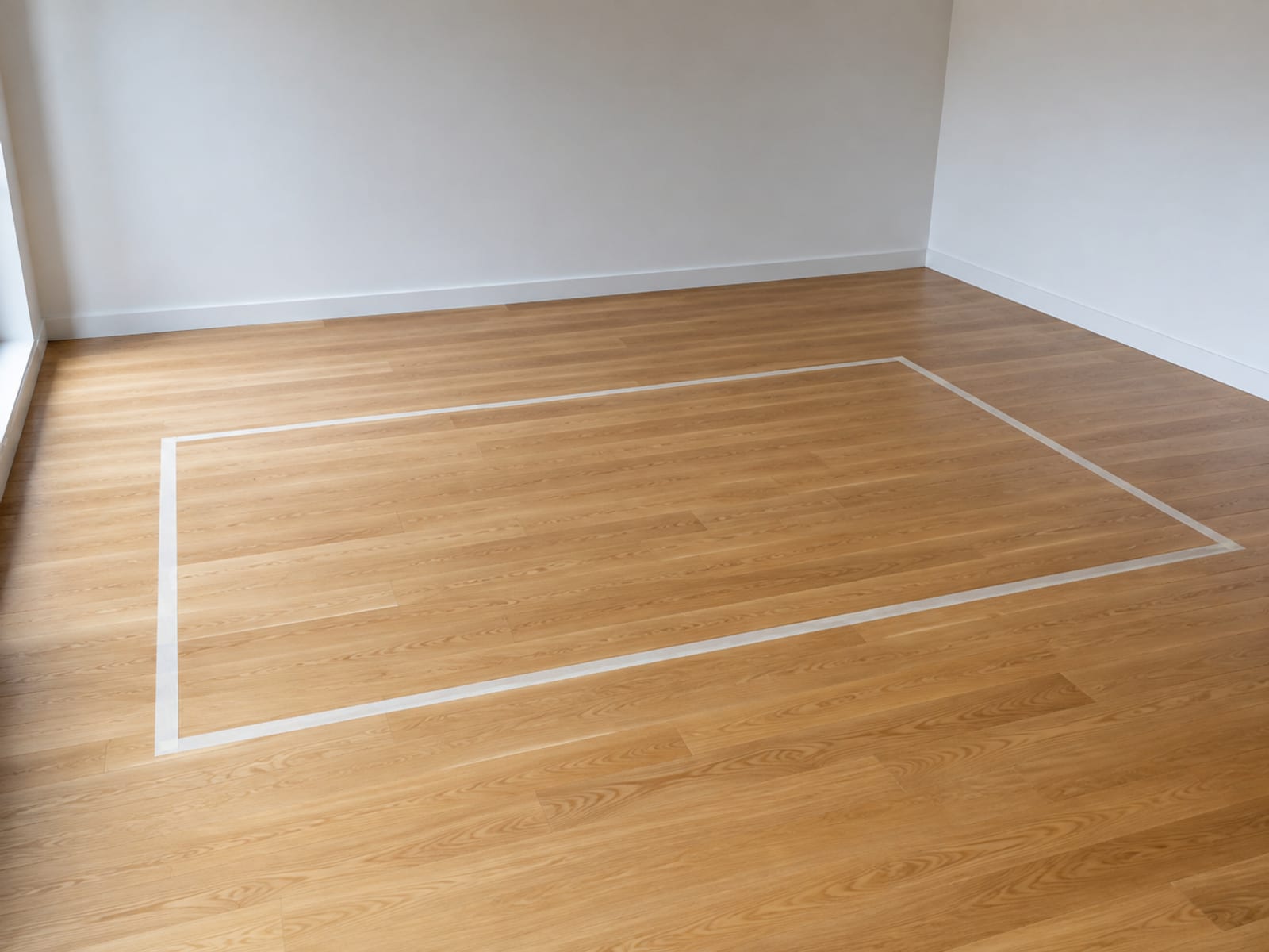 A rectangle of pale painter's tape laid flat on floorboards marking out the footprint of a sofa in a completely empty room