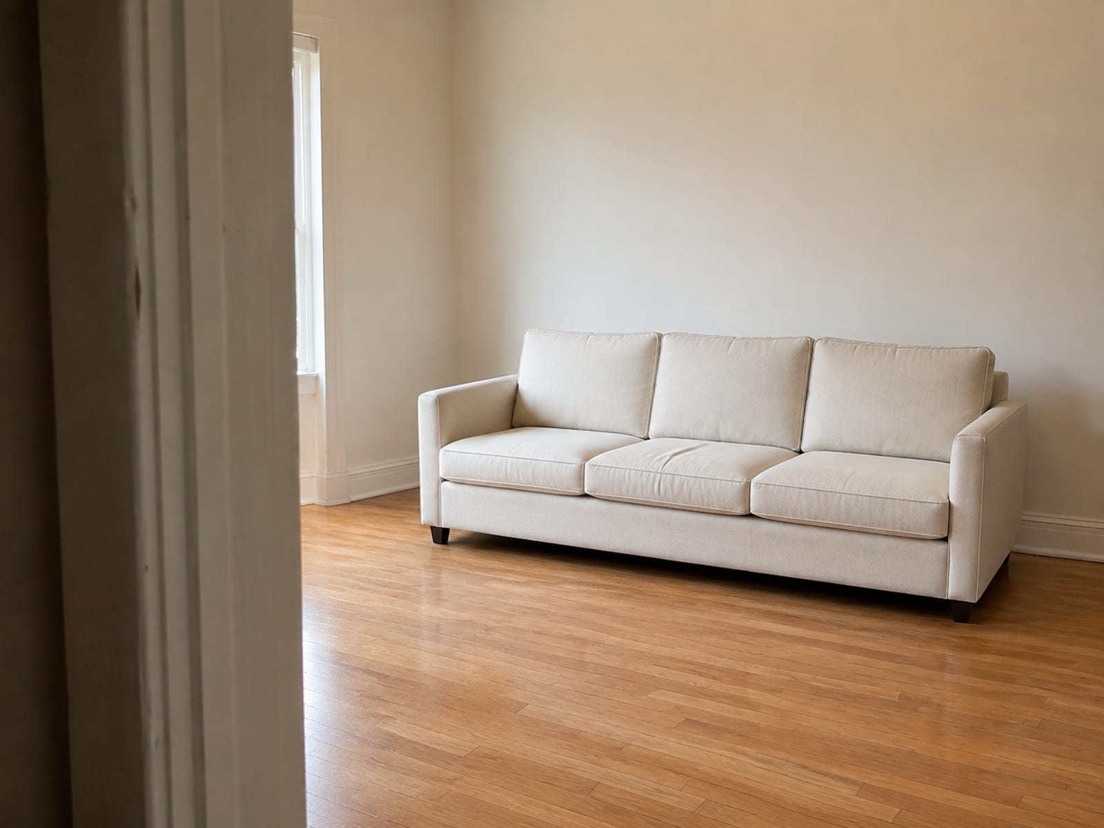 A pale three-seat sofa alone in a bare room seen from a doorway, the plain door frame edging one side of the picture