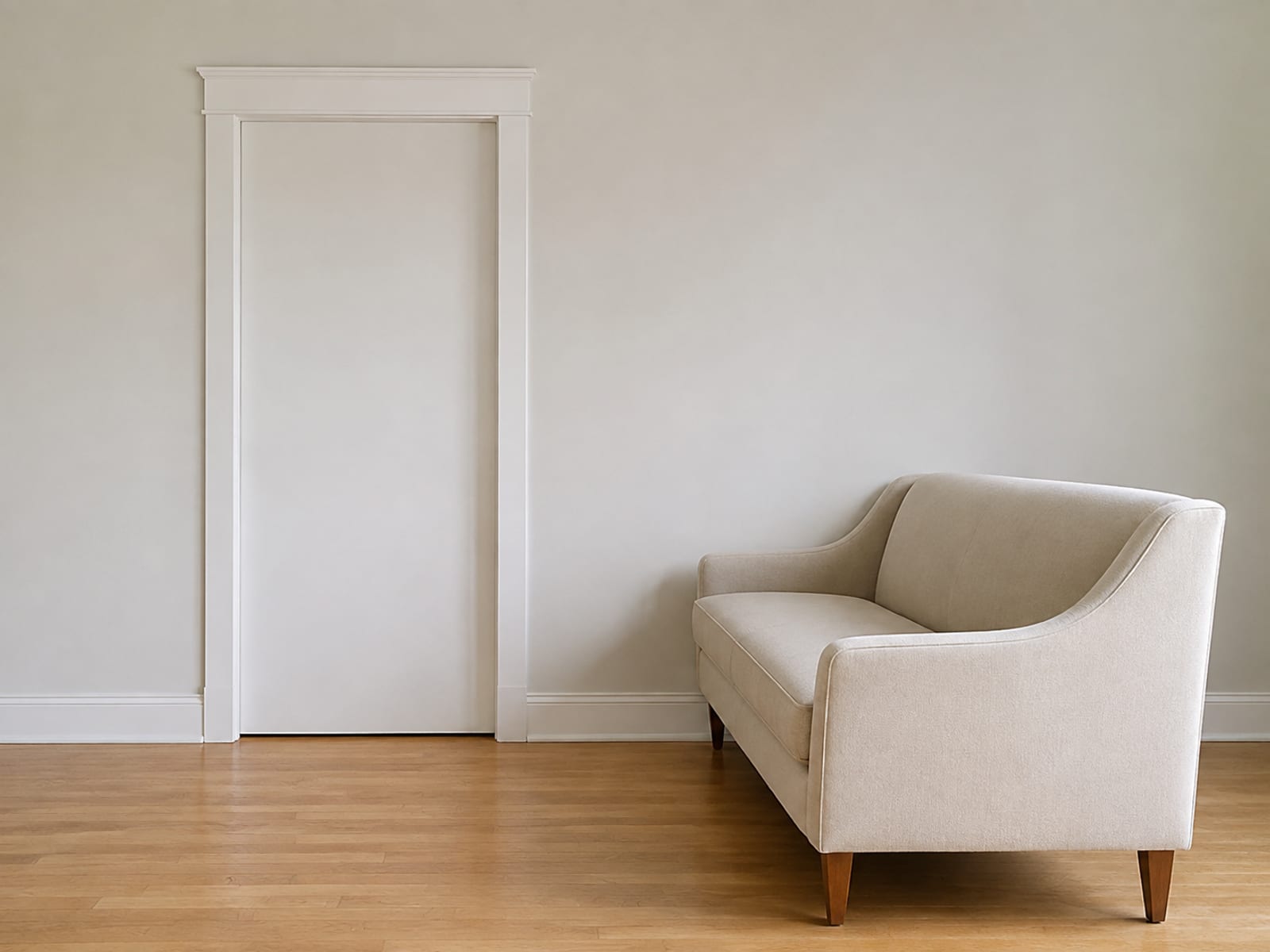 An upholstered cushion propped against a painted wall lit only by a single warm lamp from one side, the far side of the frame falling into shadow