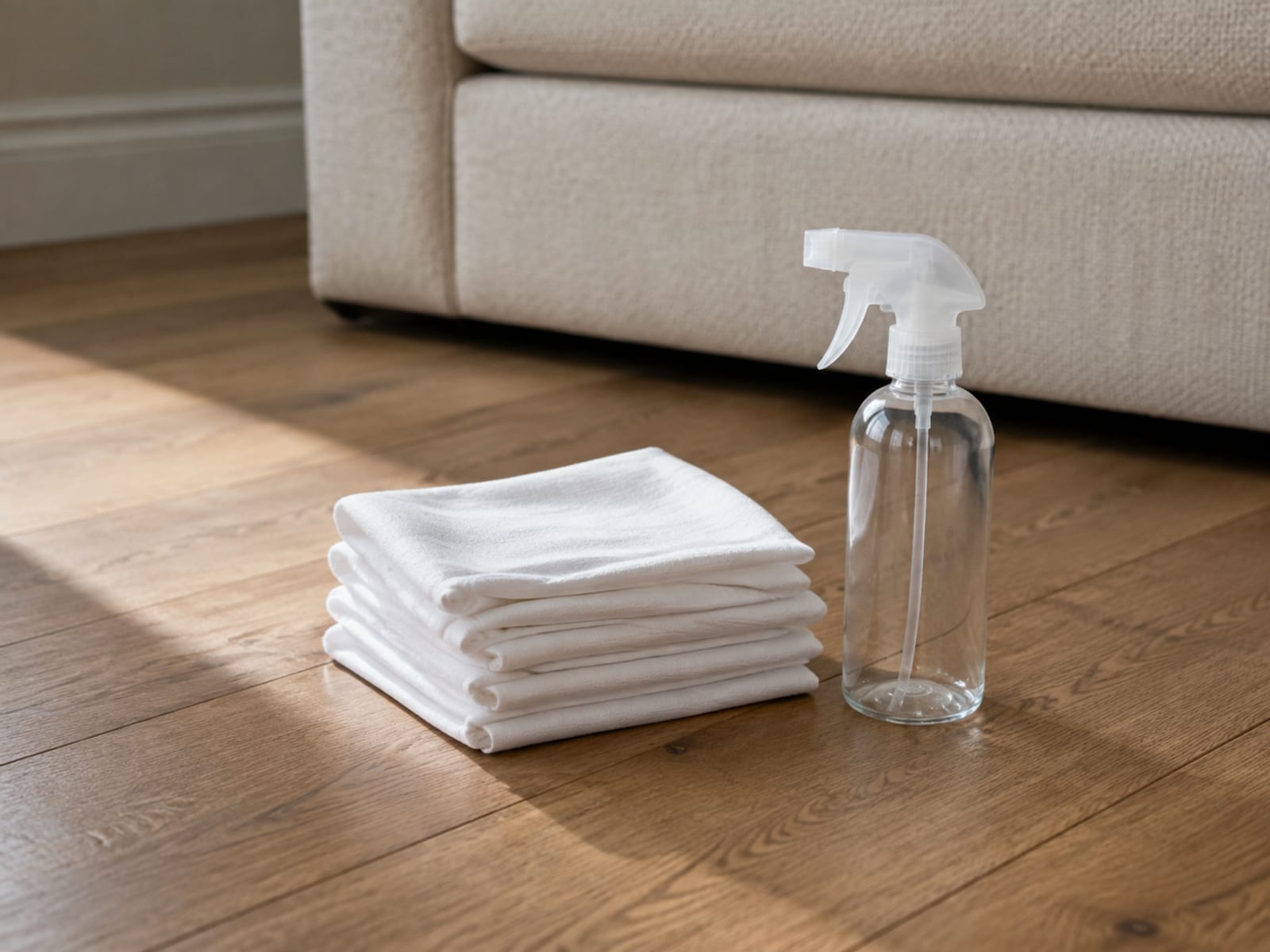 A stack of folded clean white cotton cloths and one plain unmarked spray bottle resting on bare floorboards beside the foot of a sofa