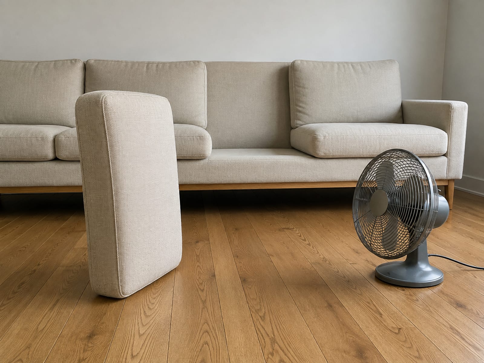 One seat cushion stood on its long edge on bare floorboards with a plain floor fan turned toward it, and the sofa behind showing the gap where it belongs