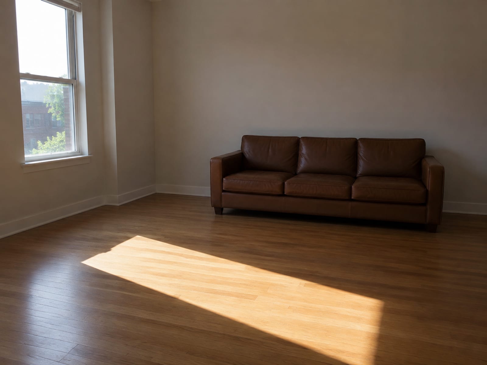 A leather sofa standing in even shade with a bright hard-edged panel of daylight falling on bare floorboards several feet away from it