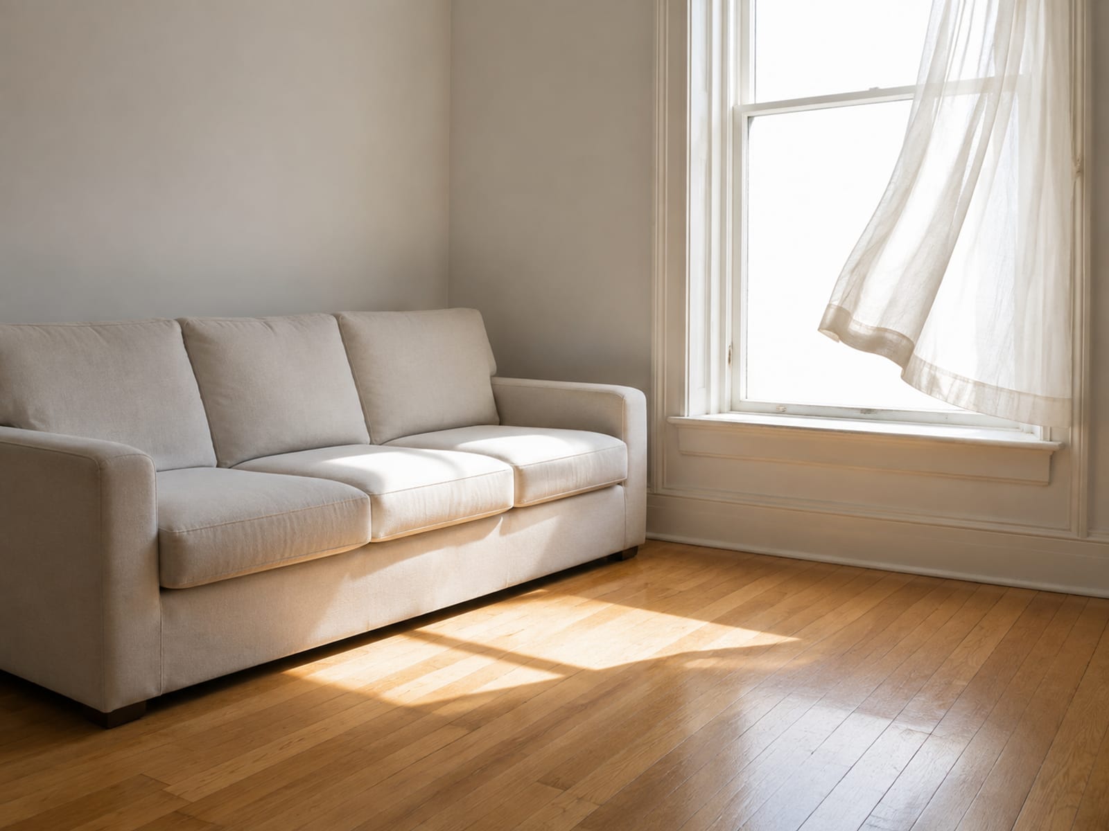 A pale microfiber sofa beside a wide open sash window in an empty room, a sheer curtain edge lifted on the moving air