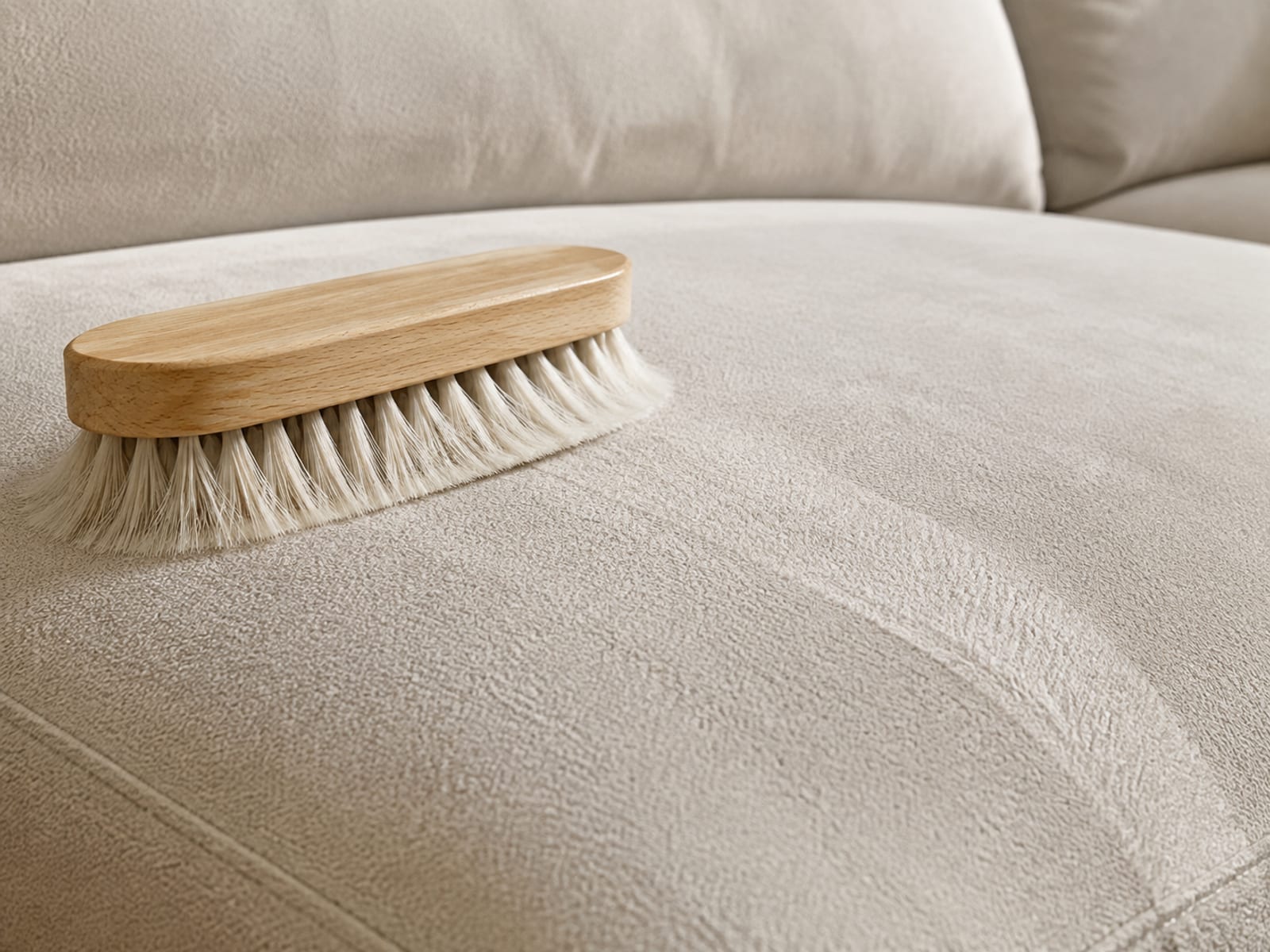 A soft white-bristled upholstery brush lying on its side on a microfiber seat beside a band of lifted pile
