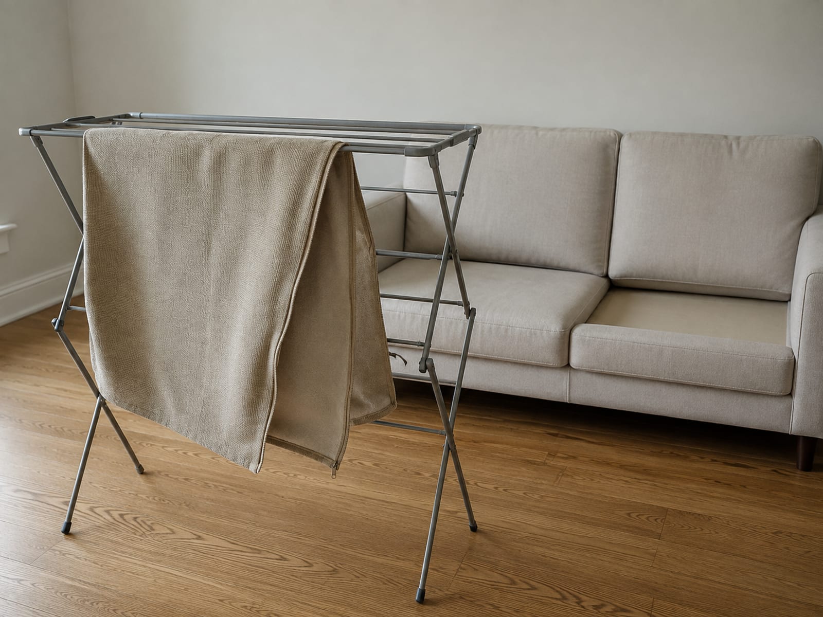 A washed upholstery cover hung open over the rail of a plain drying rack, with the sofa behind showing one seat place empty