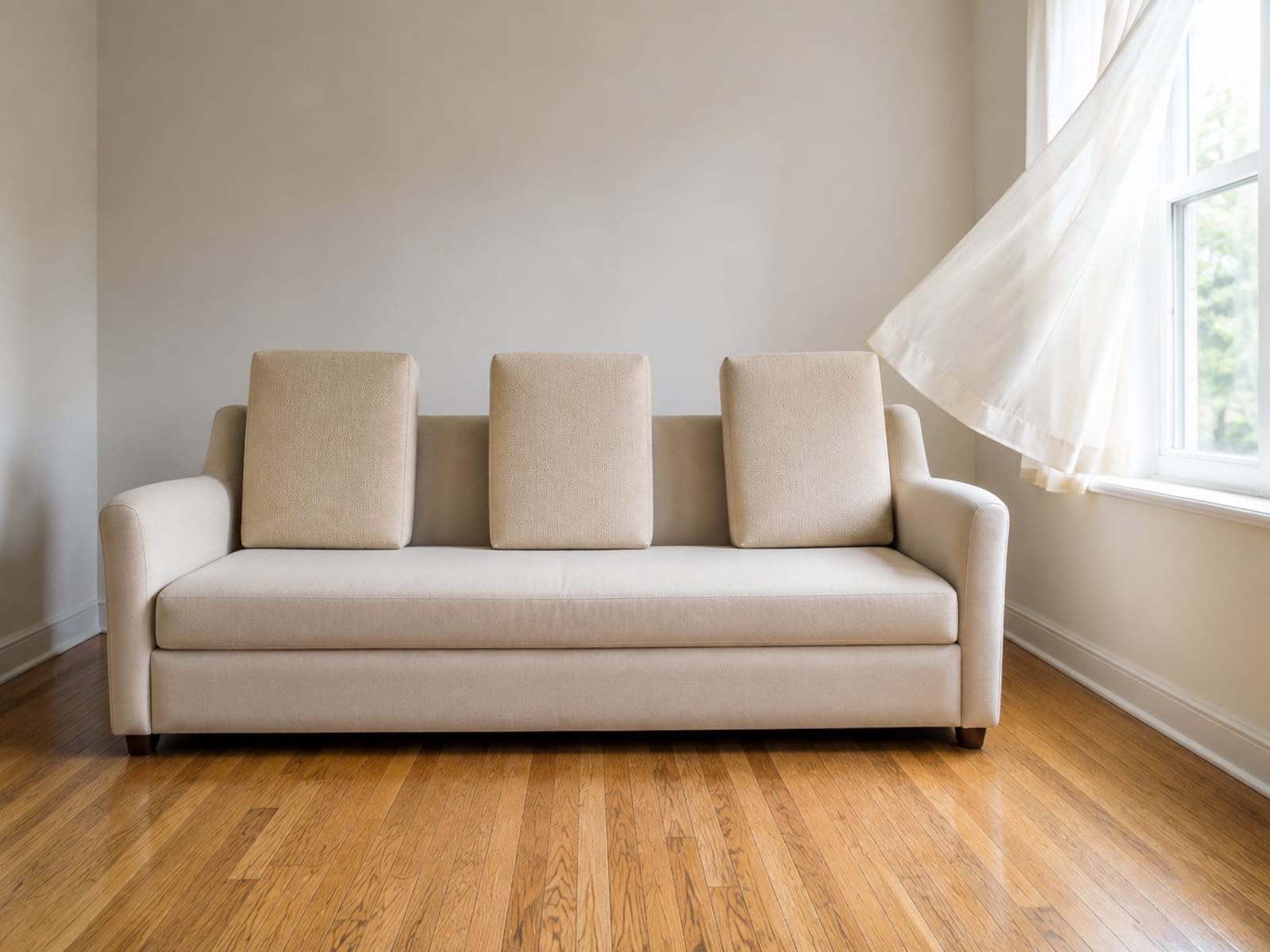 Three seat cushions stood upright and spaced apart along a sofa seat beside a wide open window with the curtain drifting inward