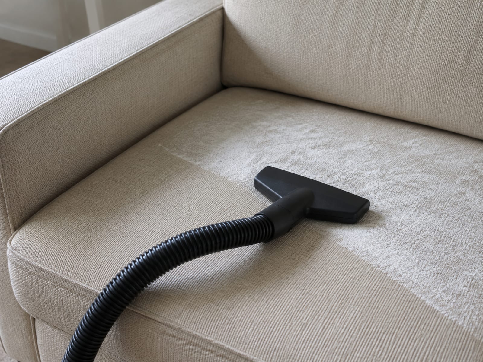The wide flat upholstery nozzle of a vacuum resting on a seat cushion that still carries an even dusting of white powder, its hose lying slack