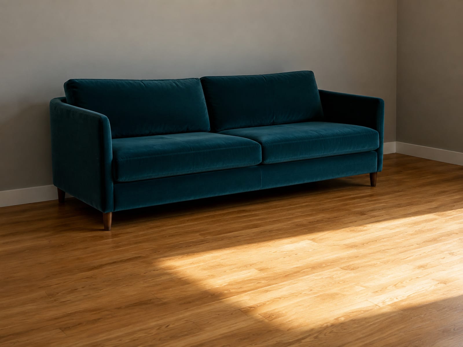 A deep teal velvet sofa in even shade with a soft-edged patch of daylight on the floorboards a few feet clear of it