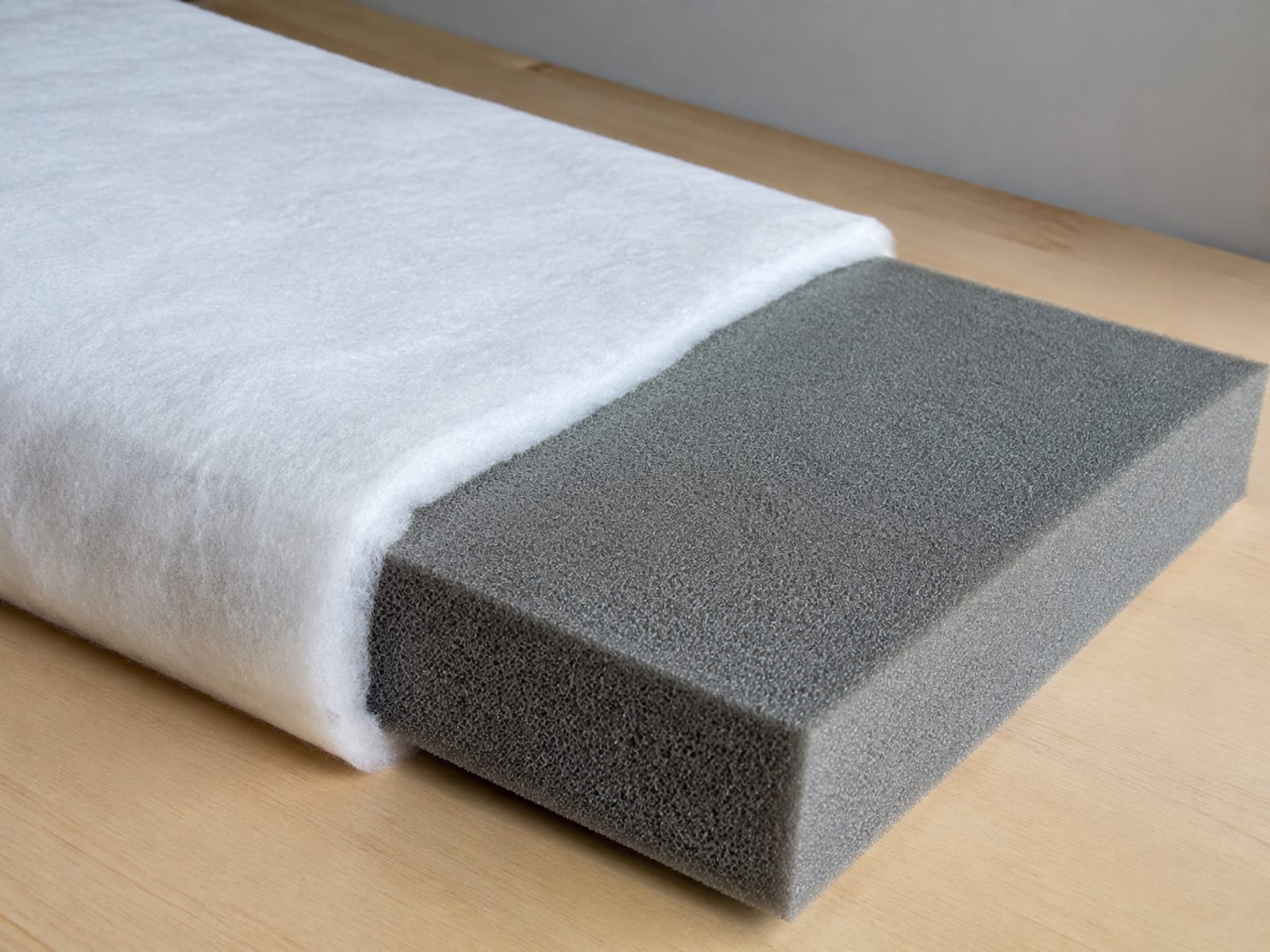 A plain gray foam core on a table with white polyester batting folded over its top face and down one long side, the far end still bare