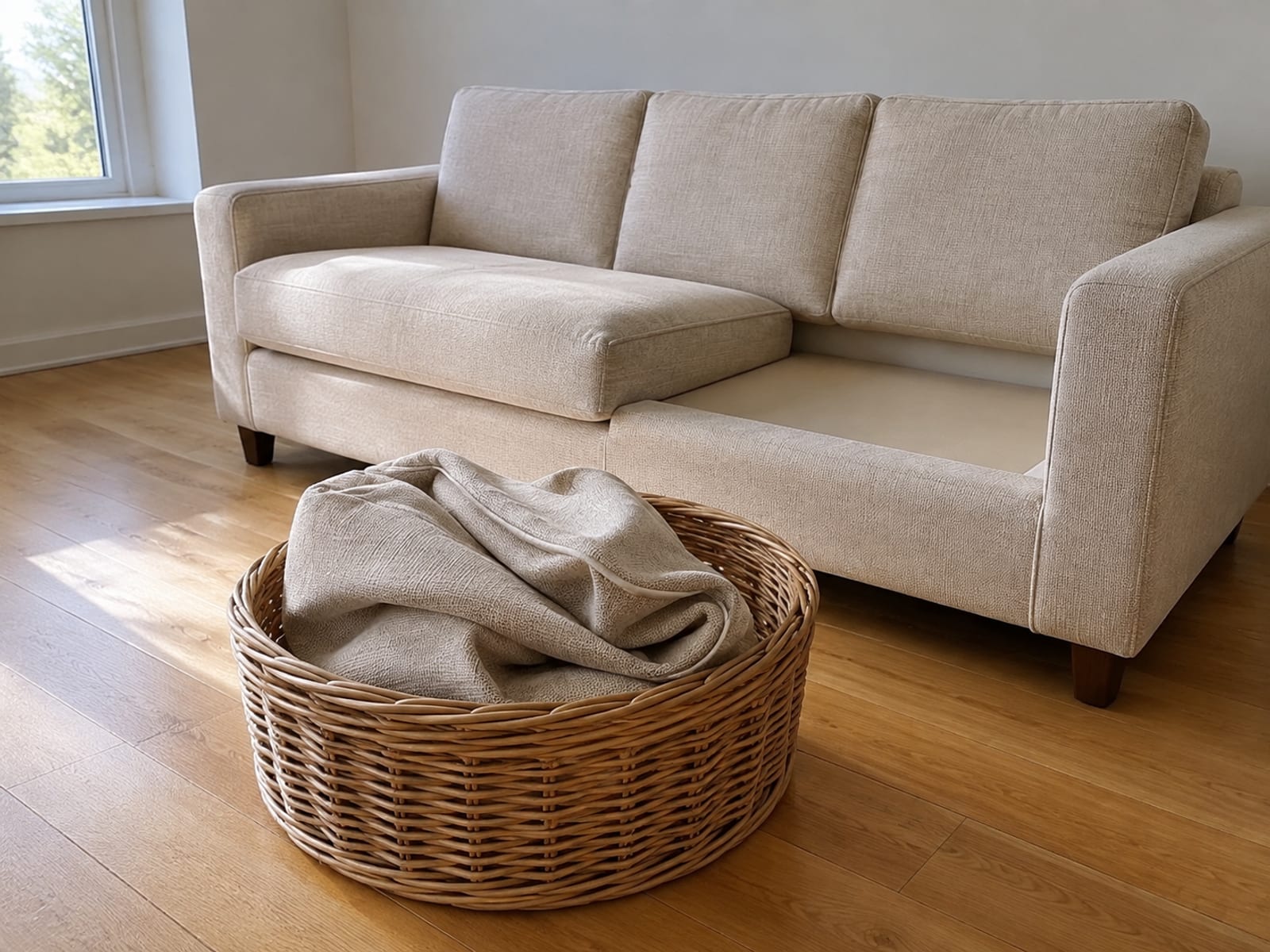 A removed upholstery cover folded loosely into a plain woven laundry basket, with the sofa behind showing one cushion in place and one place empty