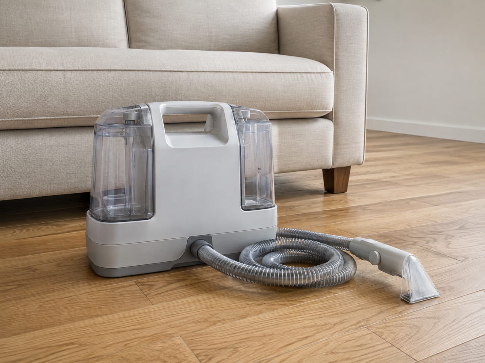 A small portable upholstery cleaning machine set down on floorboards beside the foot of a sofa, its hose coiled loosely alongside