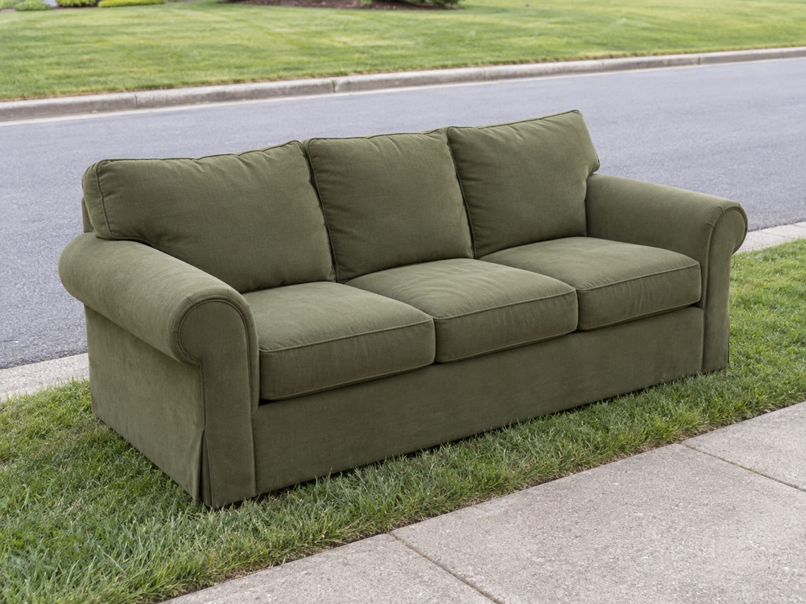 An older rolled-arm sofa in plain moss green standing upright, clean and whole, on the grass strip at the edge of a quiet residential street on a bright overcast morning, photographed from the sidewalk at standing height at a three-quarter angle with the empty curb and a stretch of plain lawn beyond