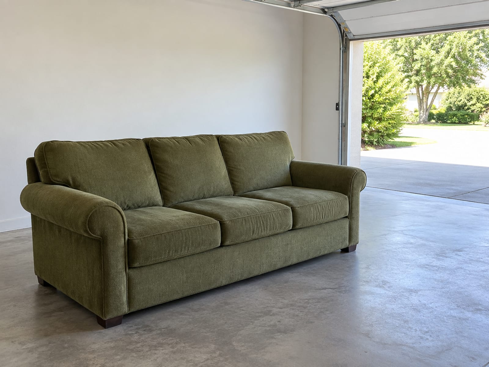 An older rolled-arm sofa in plain moss green standing clean and whole just inside the fully raised door of a swept, empty garage, with daylight and the edge of a plain driveway visible beyond it, photographed from inside the garage at standing height at a three-quarter angle