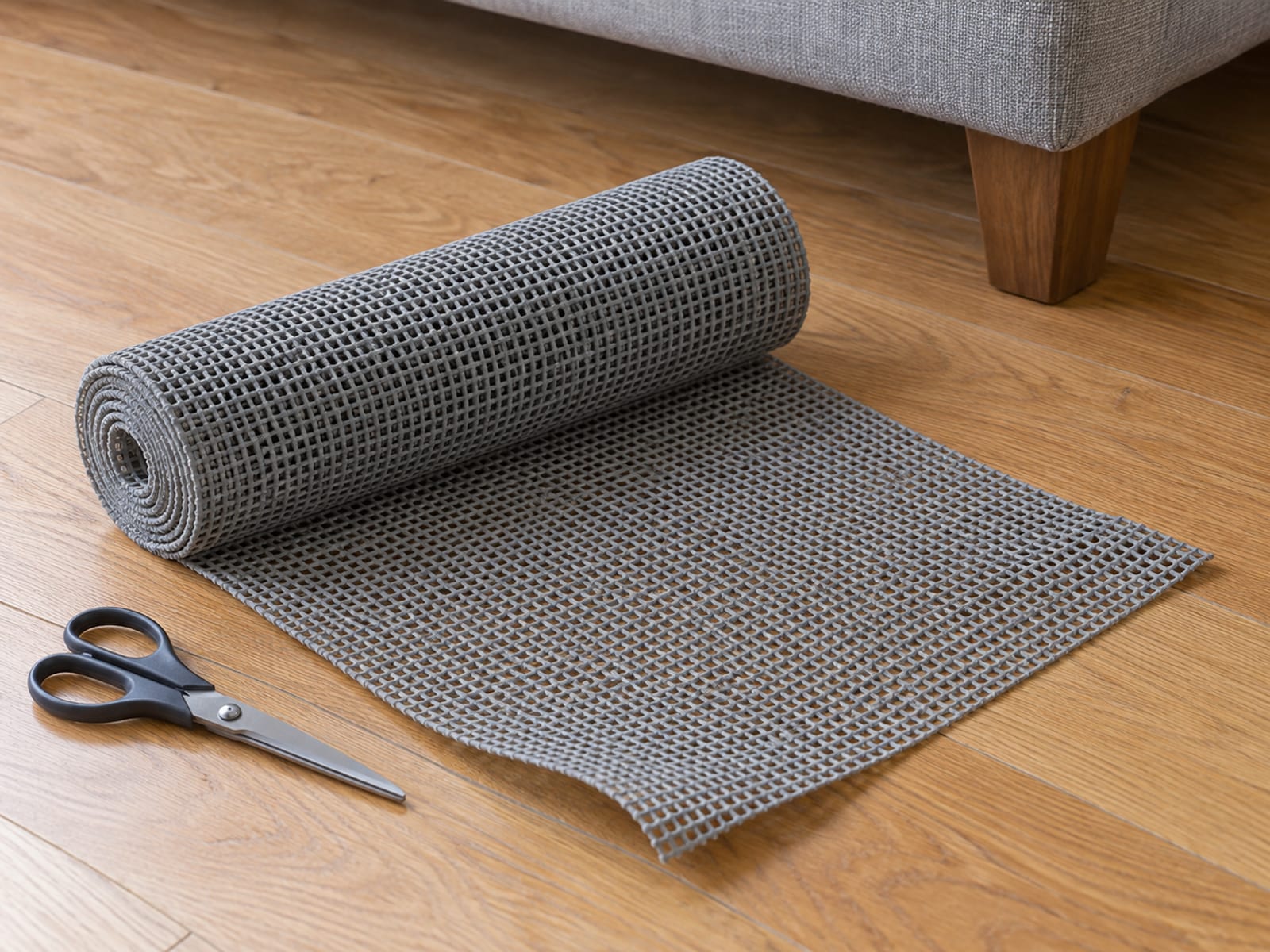 A roll of plain open-weave gray rubber grip pad partly unrolled across bare oak floorboards near the front foot of a sofa, its loose end cut clean and straight, with a pair of plain scissors closed and set down at rest beside it, photographed from standing height at a slight downward angle
