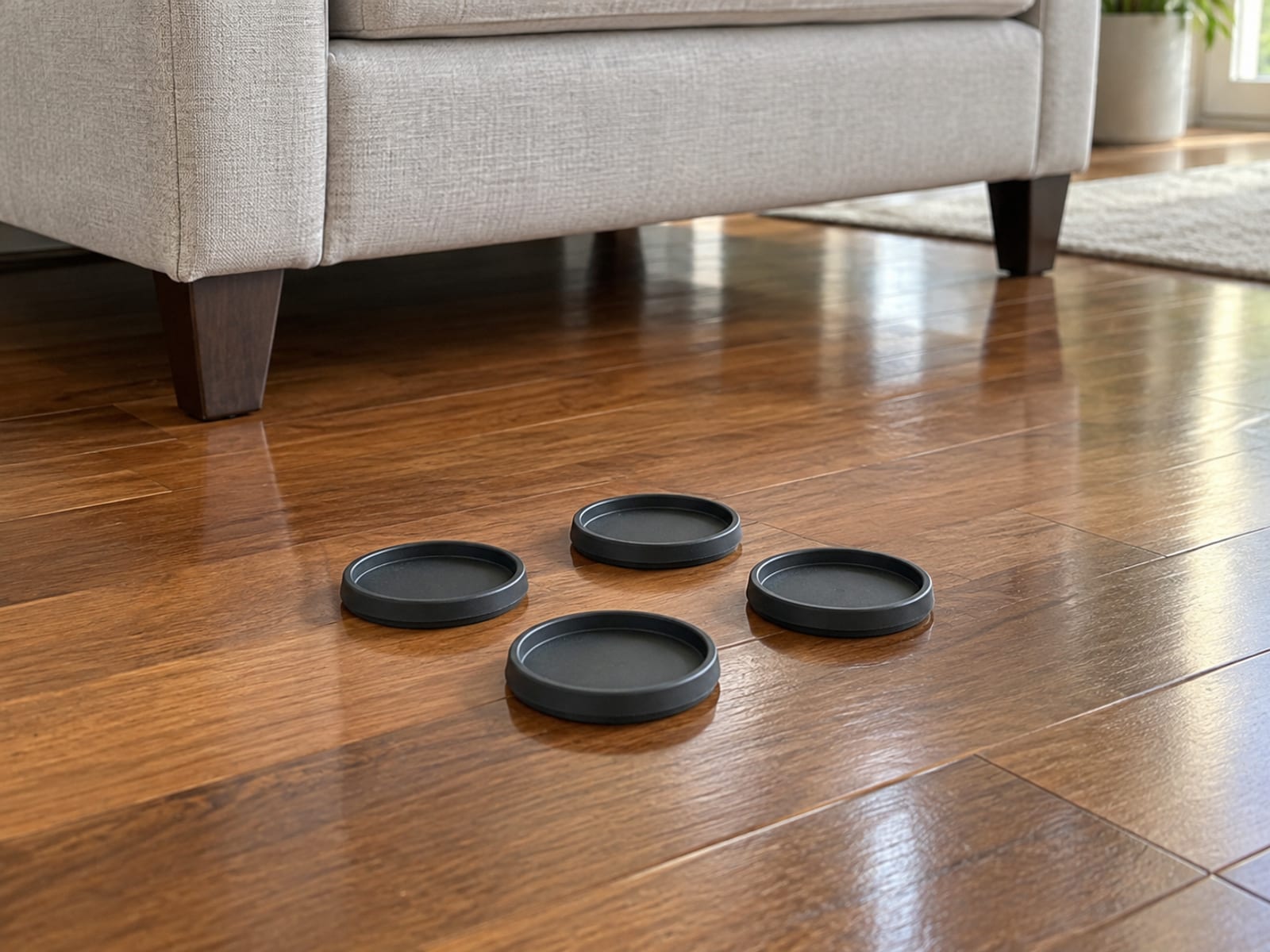 Four plain round rubber furniture grippers with raised rims set down in a loose group on a glossy hardwood floor a little in front of a sofa's front feet, rims facing up, photographed from standing height at a gentle downward angle