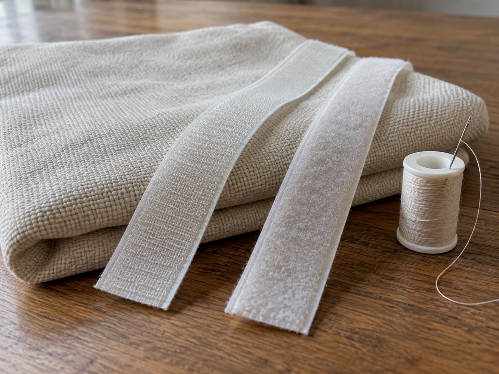 Two lengths of plain pale hook-and-loop tape, one hook side and one loop side, lying across a folded pale woven cushion cover on a wooden table beside a small spool of matching thread with a threaded needle pushed into it at rest, photographed close from a low three-quarter angle