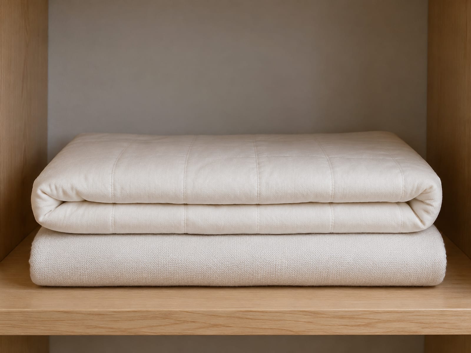 A folded quilt and a folded blanket stacked on a bare wooden shelf in an otherwise empty linen cupboard, seen square from standing height