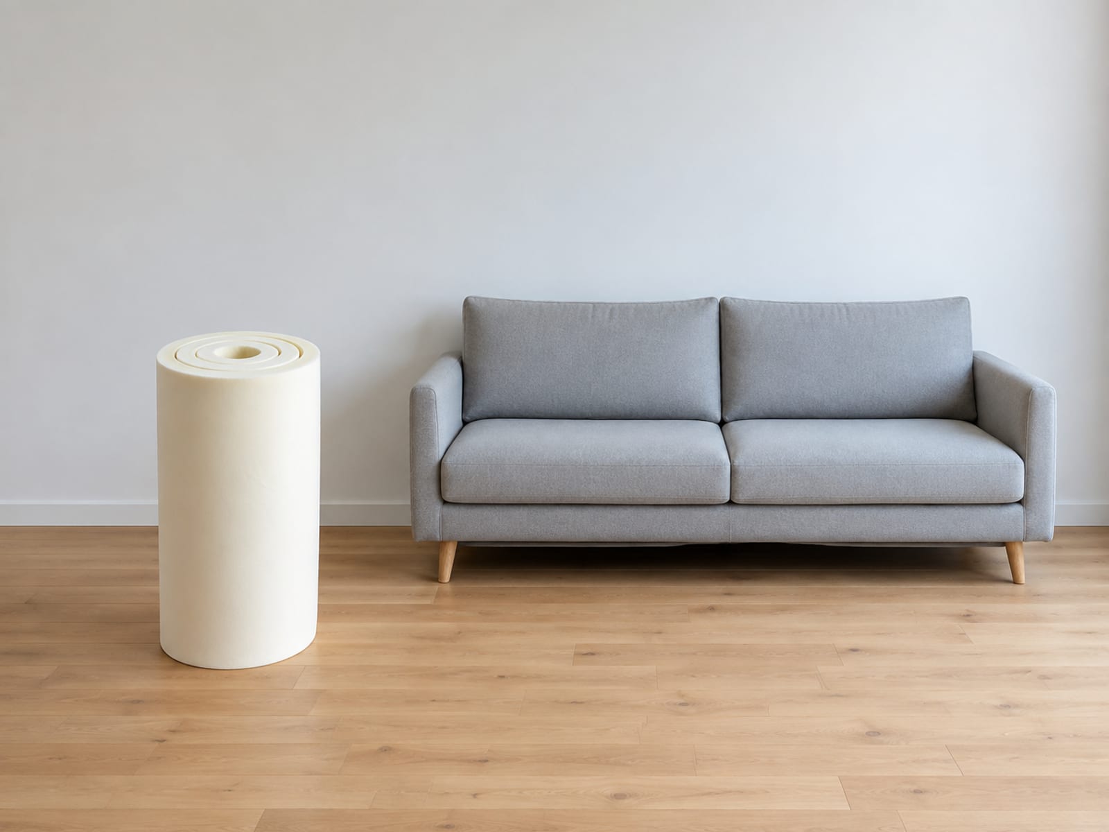 A foam mattress topper rolled tightly and standing on one end on bare floorboards beside a closed sofa in an empty room