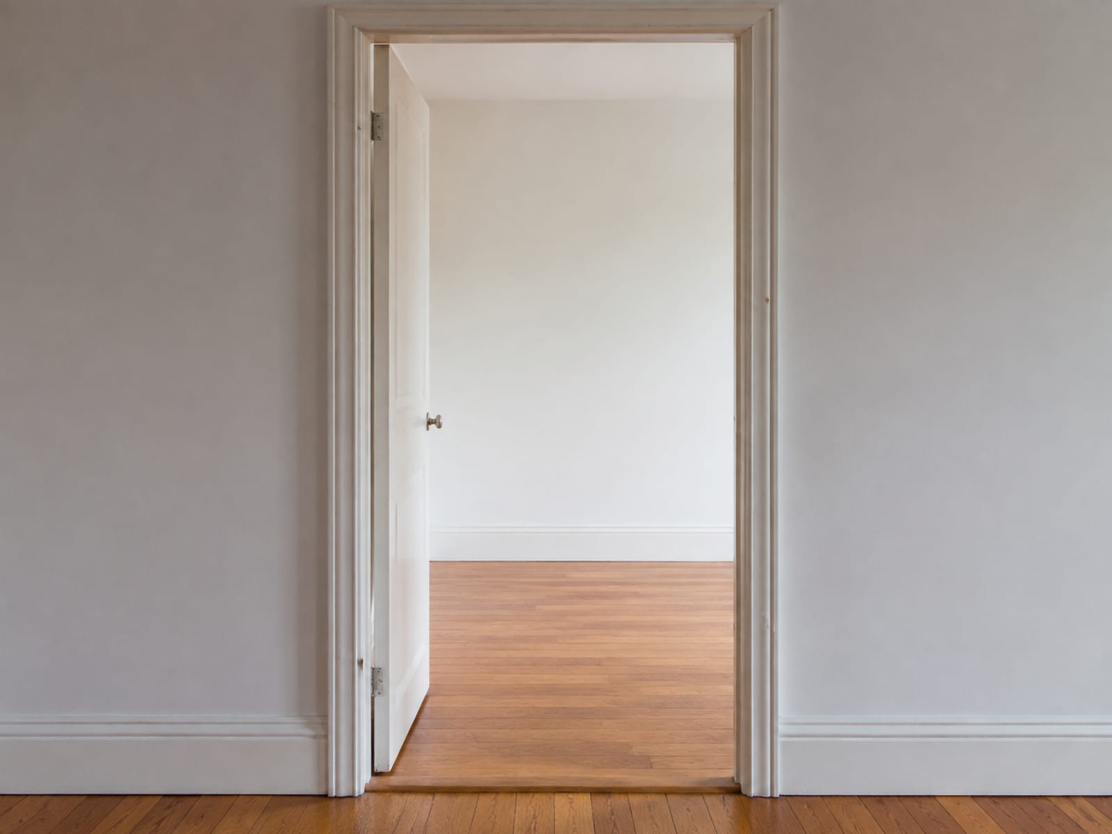 An open interior door seen square on with the slab held back against its stop, so the gap between the two jamb faces is the subject