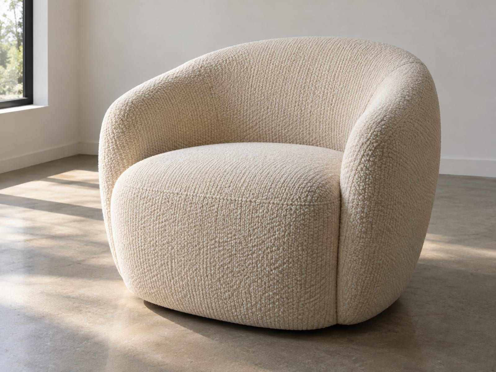 A rounded upholstered armchair covered in a cream boucle whose small even loops run across its curved back and arms, standing in soft side daylight in a plain room, photographed from standing height at a front three-quarter angle