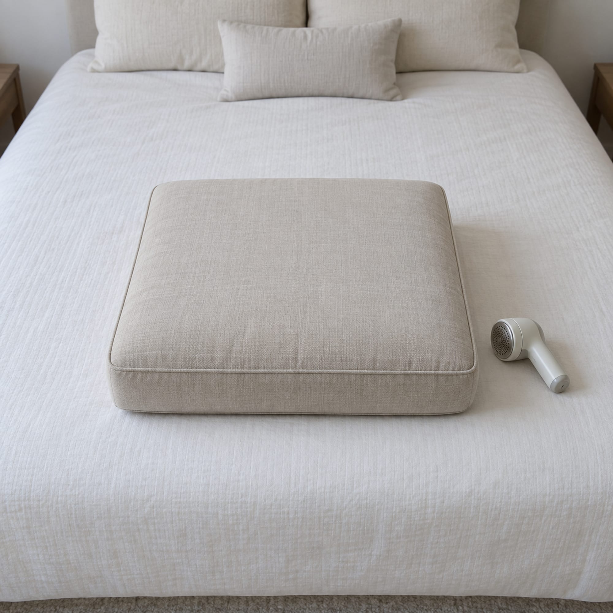 One removed sofa seat cushion in a smooth pale oatmeal woven cover lying flat on a firmly made bed with a plain pale coverlet, and a small plain handheld electric fabric shaver with a round perforated metal guard set down at rest on the coverlet beside it, photographed from standing height at a slight downward angle