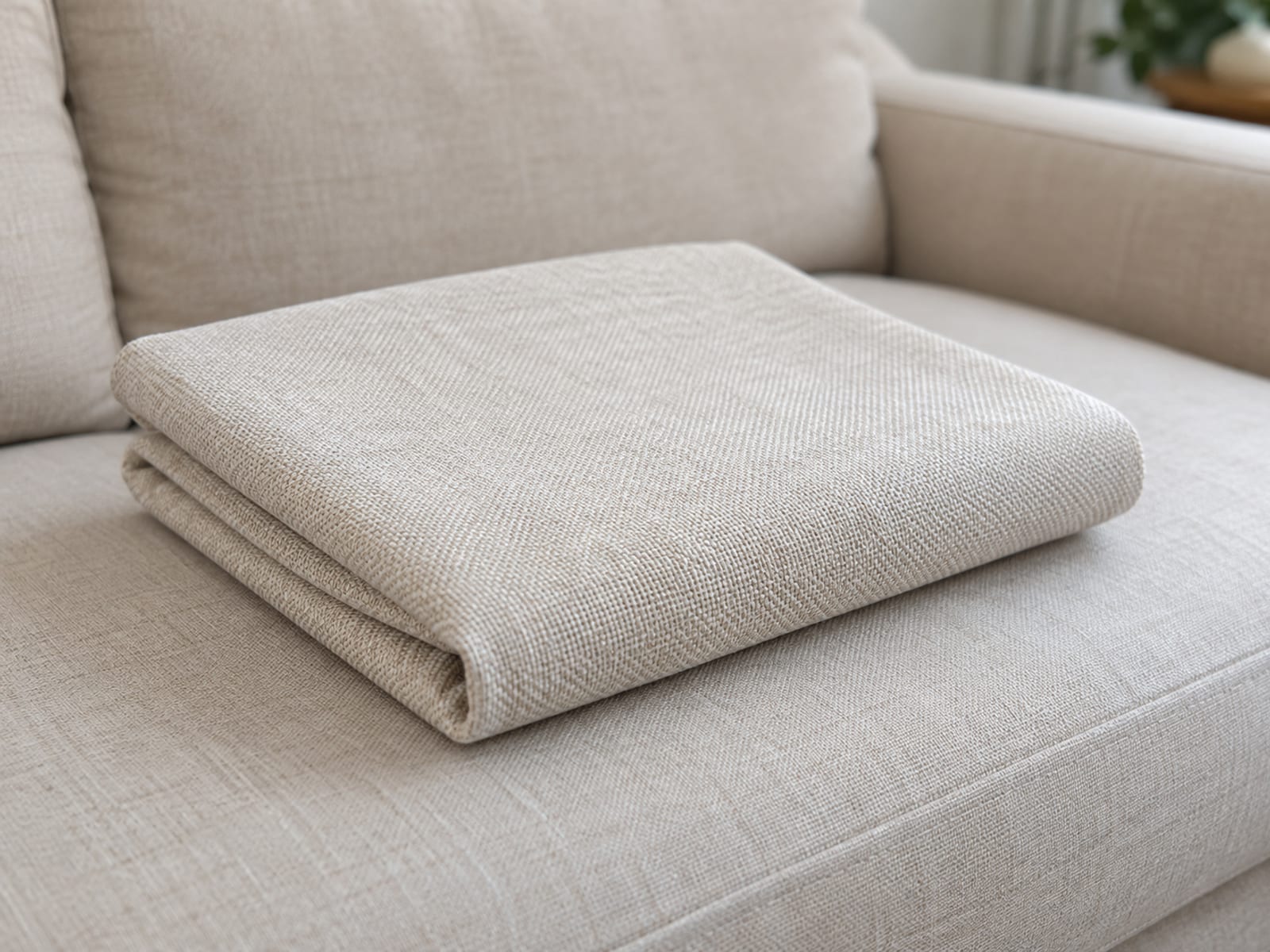 A new replacement seat cushion cover in a pale oatmeal weave, still crisp along its fold lines, folded into a neat square and set on top of the smooth covered seat cushion of a sofa, photographed close from a front three-quarter angle at seat height