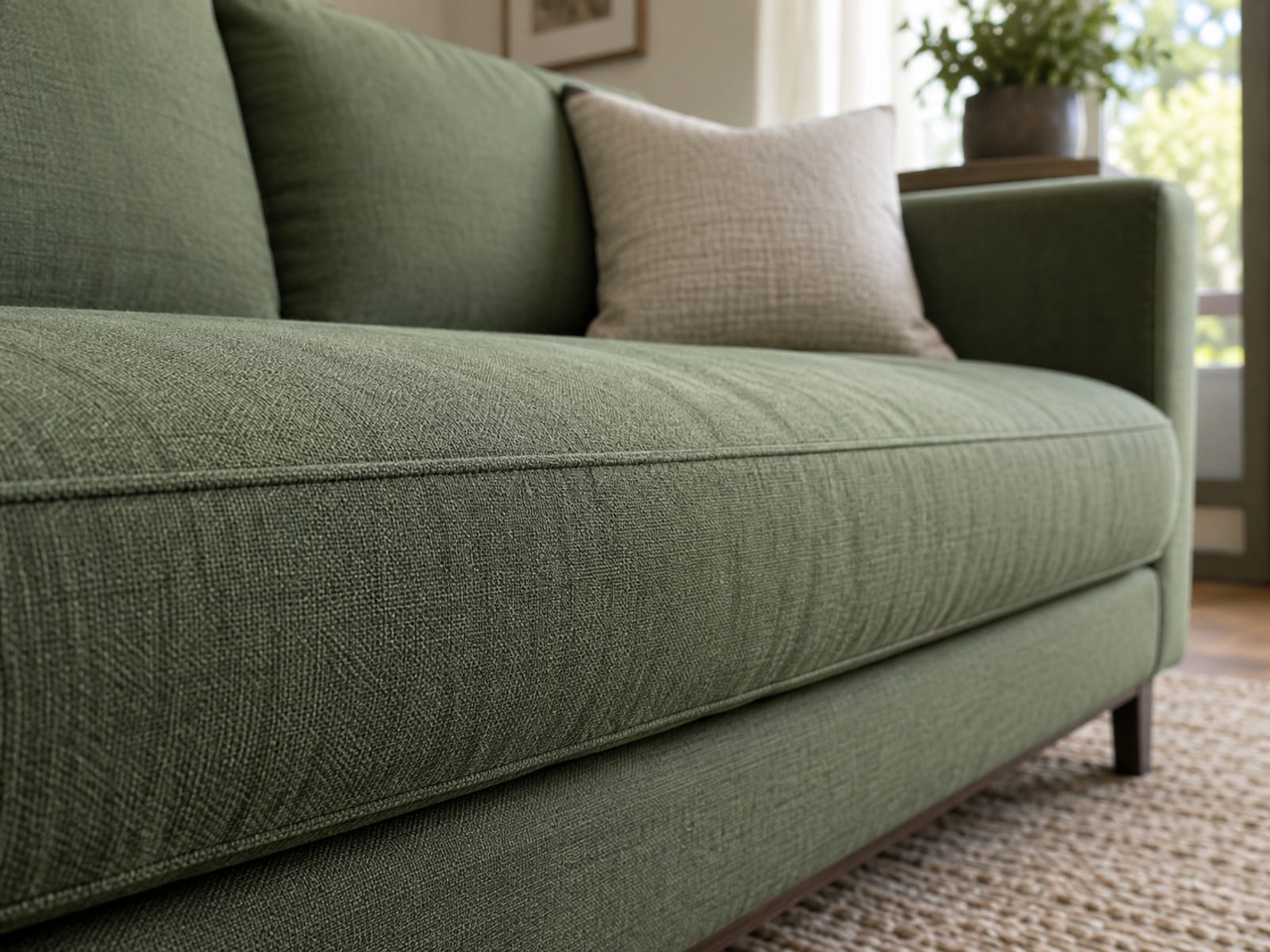 A close view along the front of a sofa seat cushion upholstered in a tightly woven flat fabric, taken from a low front three-quarter angle at seat height, with soft raking daylight crossing the smooth, dense surface