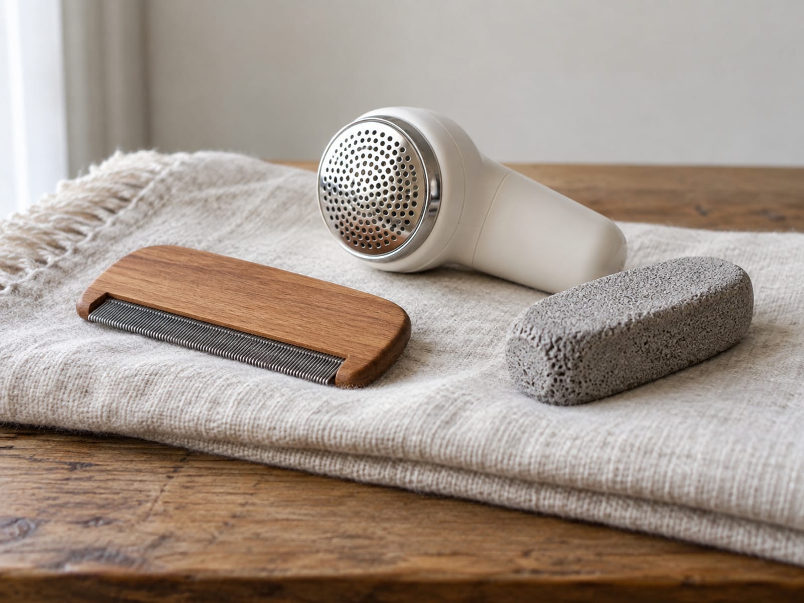 Three plain unbranded depilling tools set down together in a loose group on a folded pale linen throw on a wooden table, a flat wooden-handled fabric comb with a fine metal edge, a small handheld electric fabric shaver with a round metal guard and a gray pumice-like fabric stone