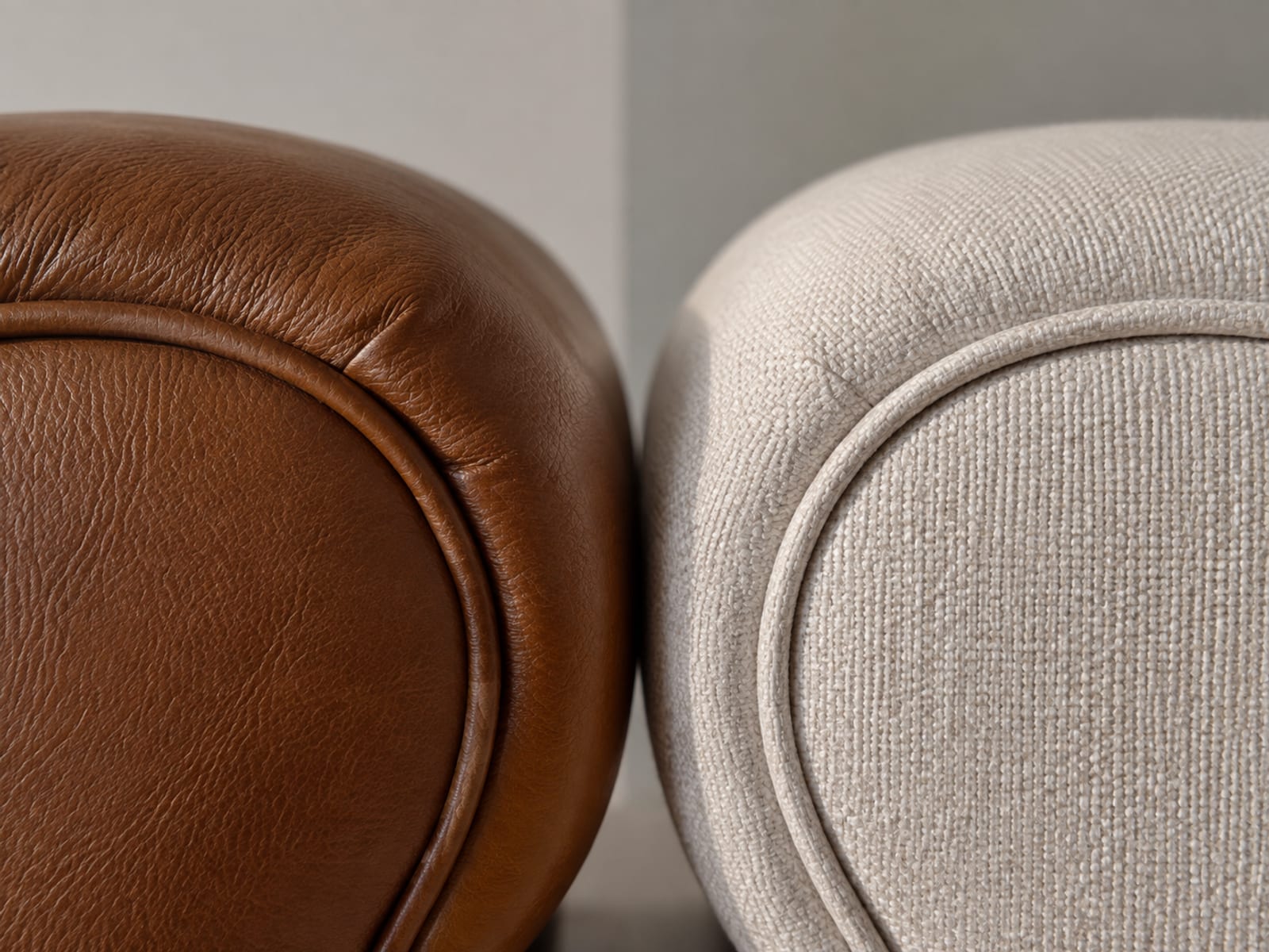 Two sofa arms of identical shape meeting almost edge to edge, the left covered in mid-brown leather and the right in pale oatmeal weave under one raking light