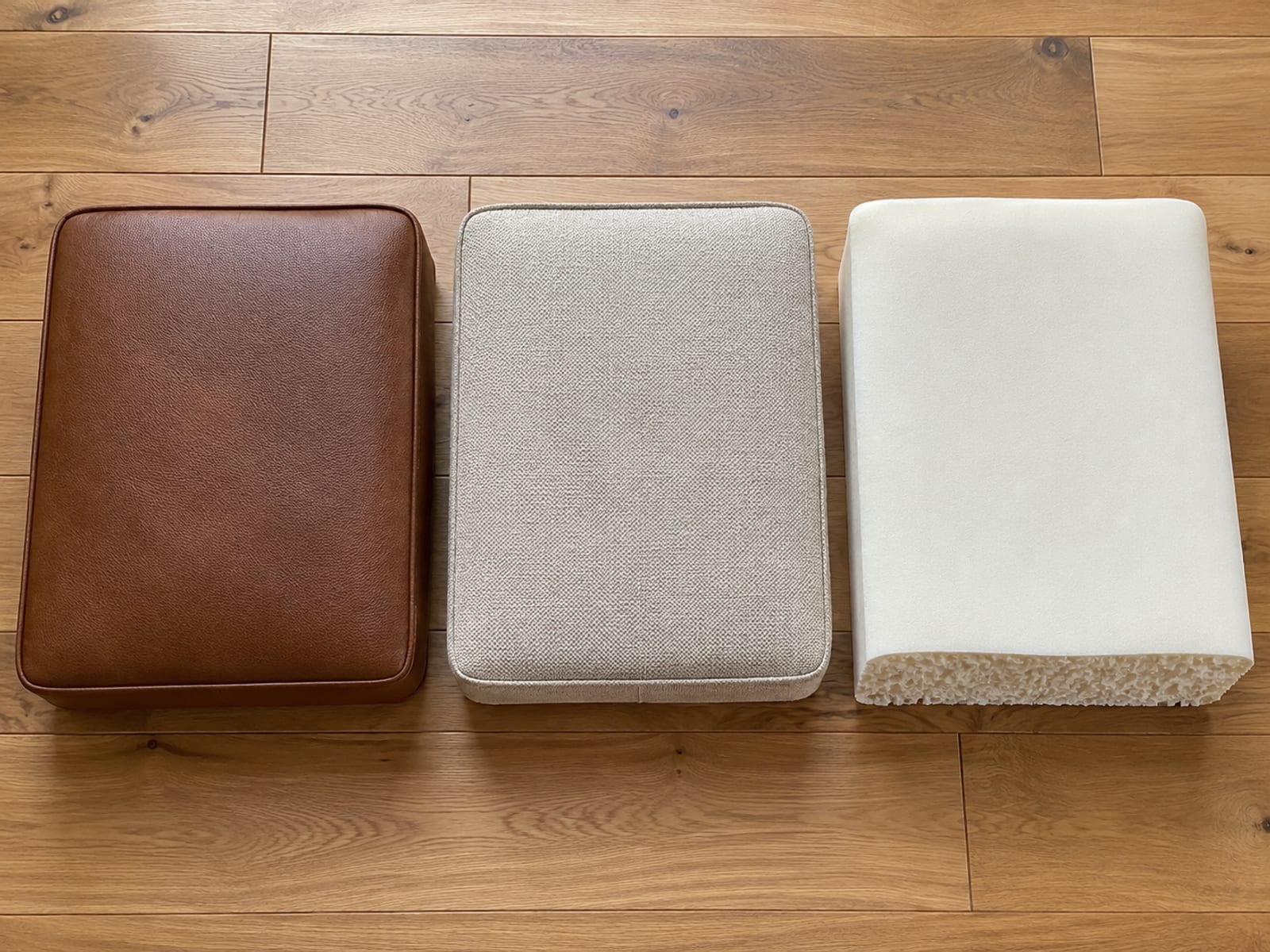 Two seat cushions of the same size lying flat side by side, one covered in leather and one in woven fabric, with a plain foam block of the same thickness beside them
